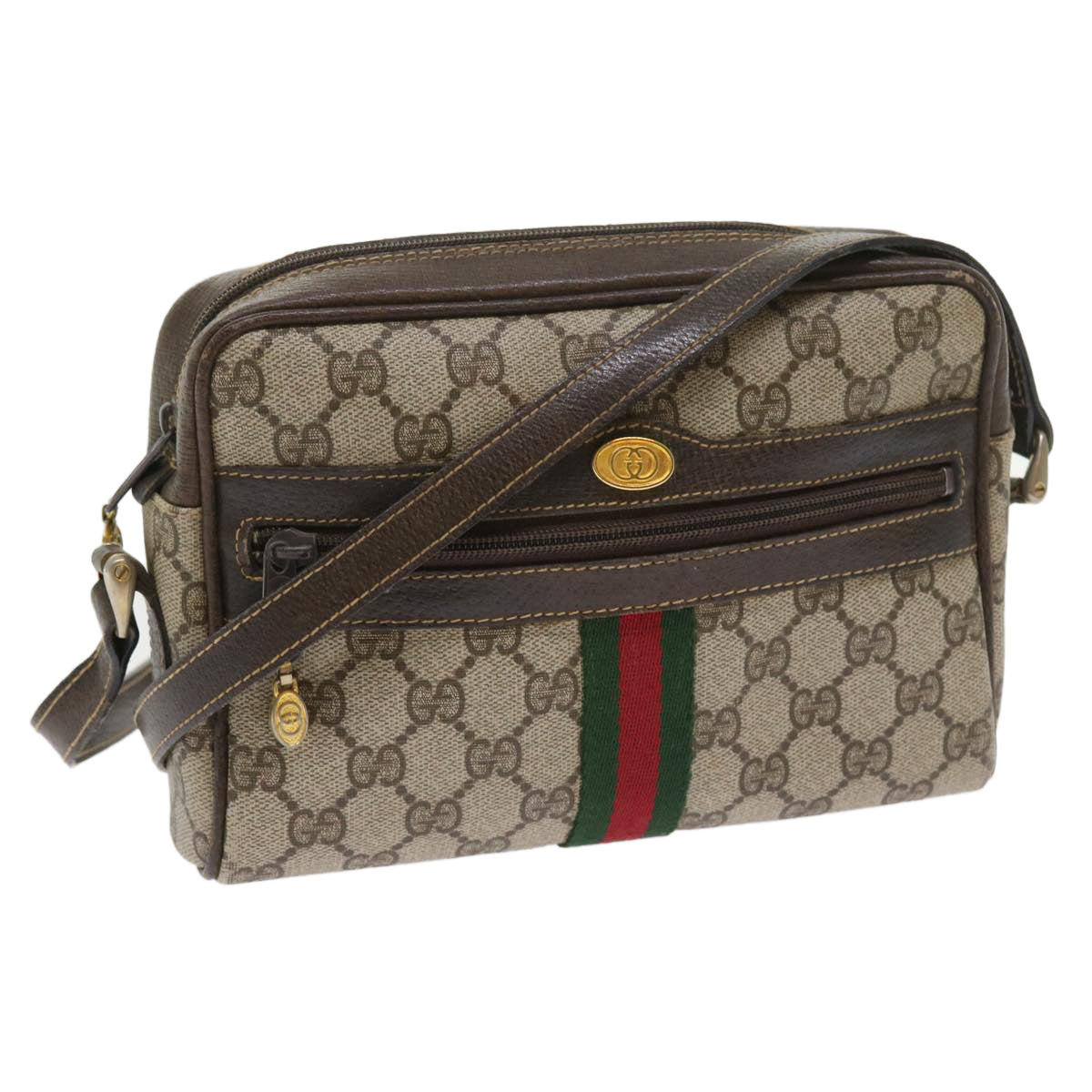 GUCCI GG Canvas Web Sherry Line Shoulder Bag PVC Leather Beige Red Auth 55902