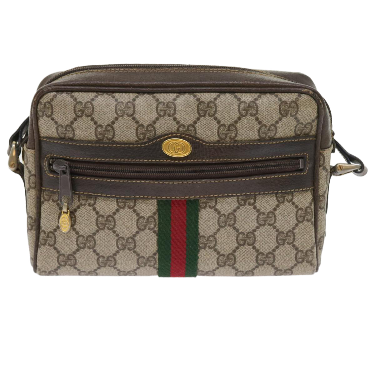 GUCCI GG Canvas Web Sherry Line Shoulder Bag PVC Leather Beige Red Auth 55902