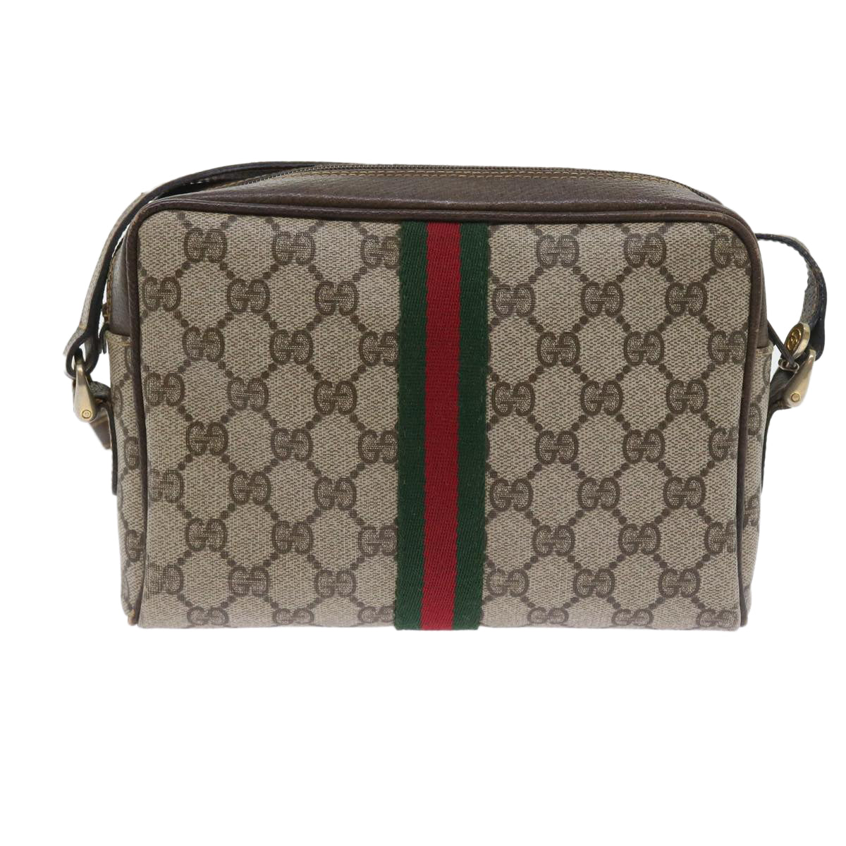 GUCCI GG Canvas Web Sherry Line Shoulder Bag PVC Leather Beige Red Auth 55902