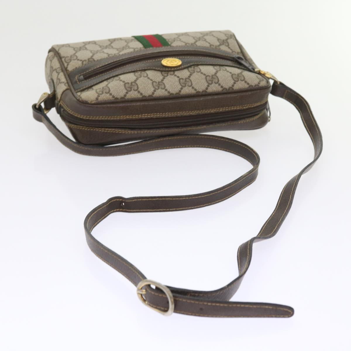 GUCCI GG Canvas Web Sherry Line Shoulder Bag PVC Leather Beige Red Auth 55902