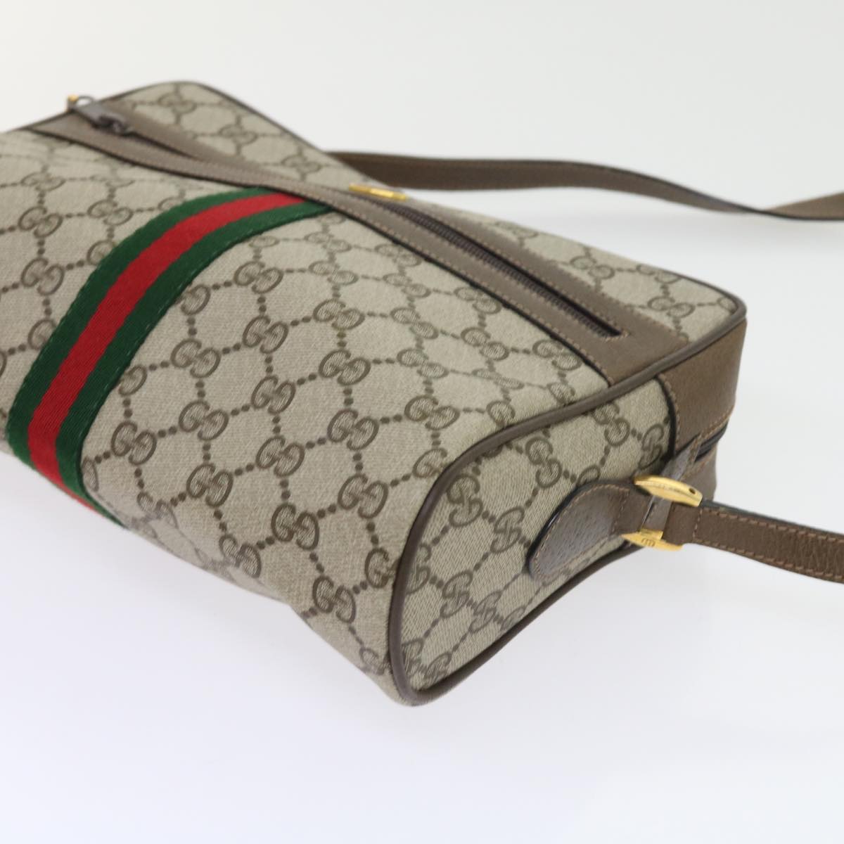 GUCCI GG Canvas Web Sherry Line Shoulder Bag PVC Leather Beige Red Auth 55904