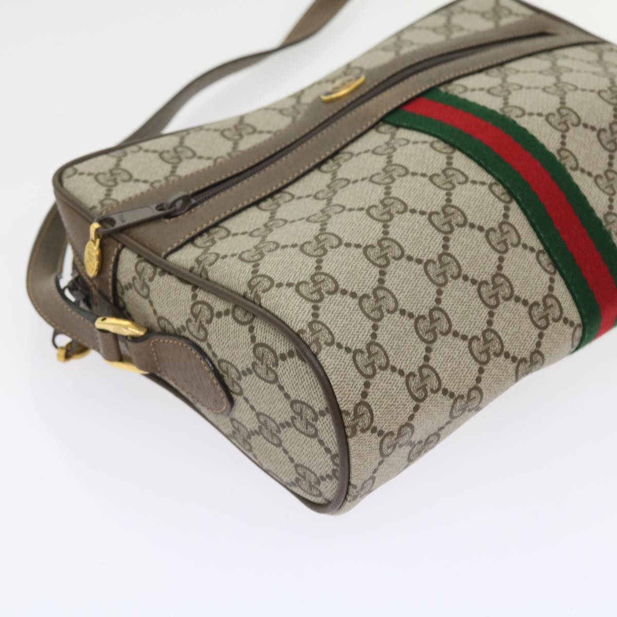 GUCCI GG Canvas Web Sherry Line Shoulder Bag PVC Leather Beige Red Auth 55904