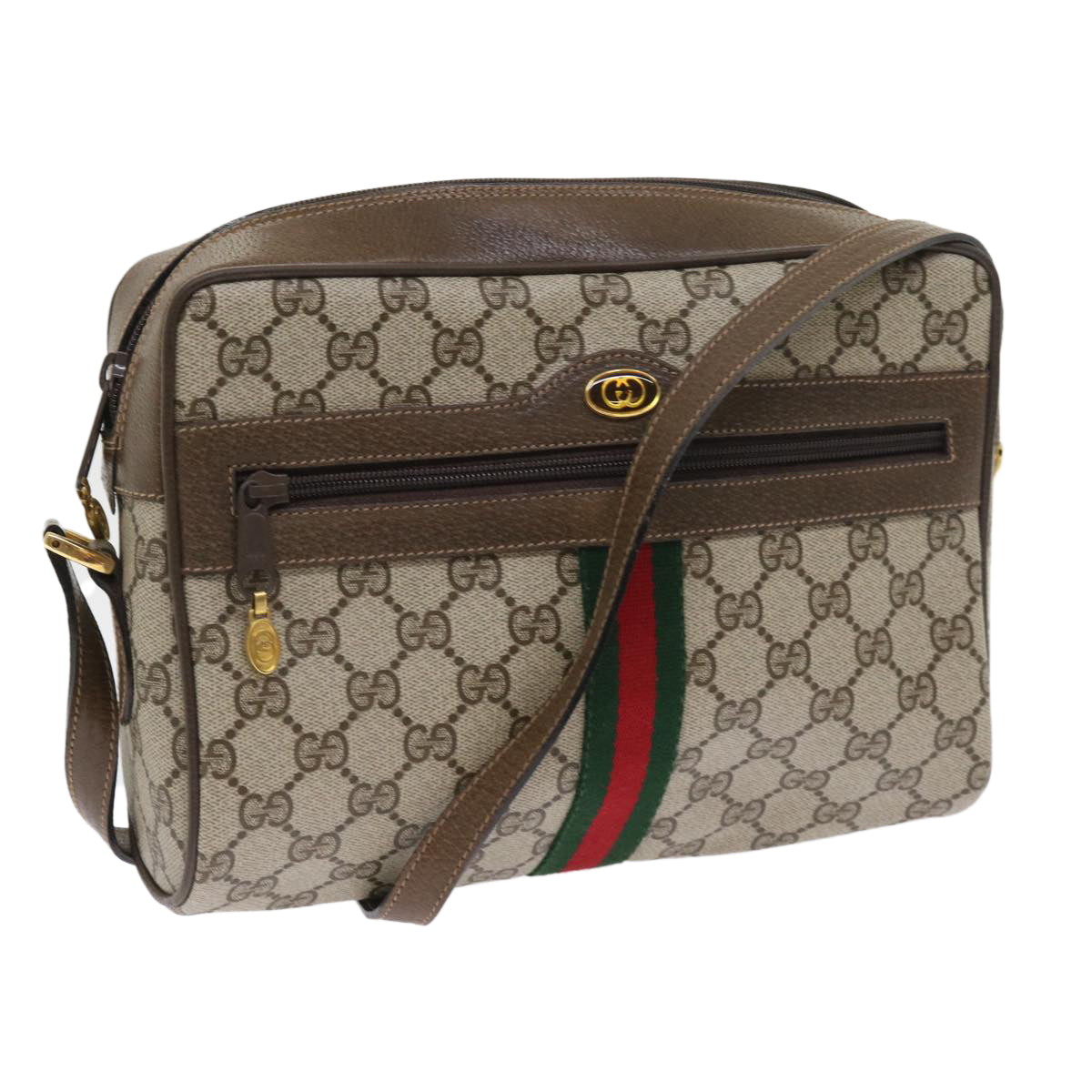 GUCCI GG Canvas Web Sherry Line Shoulder Bag PVC Leather Beige Red Auth 55904