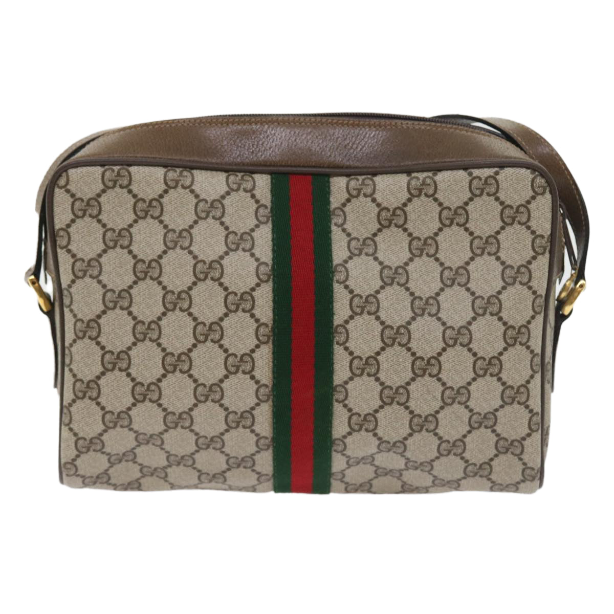 GUCCI GG Canvas Web Sherry Line Shoulder Bag PVC Leather Beige Red Auth 55904 - 0