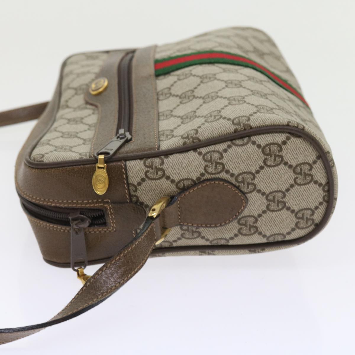 GUCCI GG Canvas Web Sherry Line Shoulder Bag PVC Leather Beige Red Auth 55904