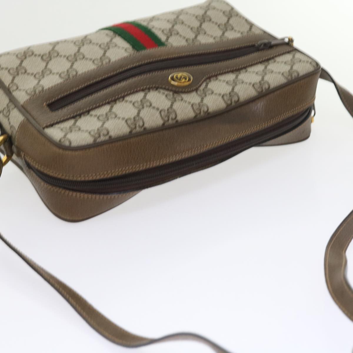 GUCCI GG Canvas Web Sherry Line Shoulder Bag PVC Leather Beige Red Auth 55904