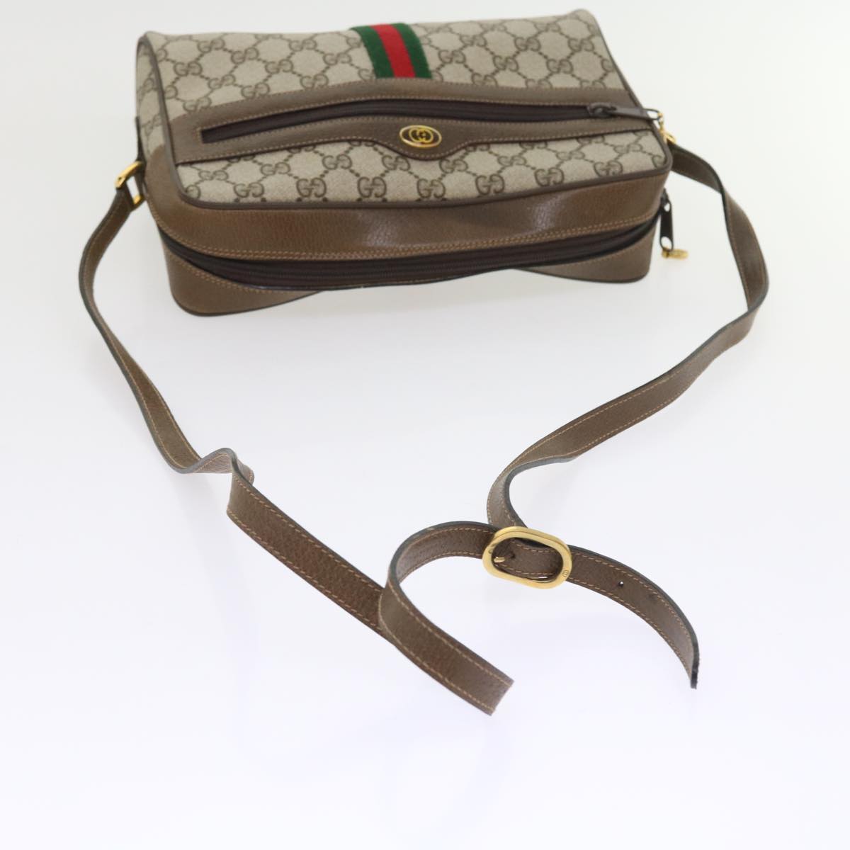 GUCCI GG Canvas Web Sherry Line Shoulder Bag PVC Leather Beige Red Auth 55904