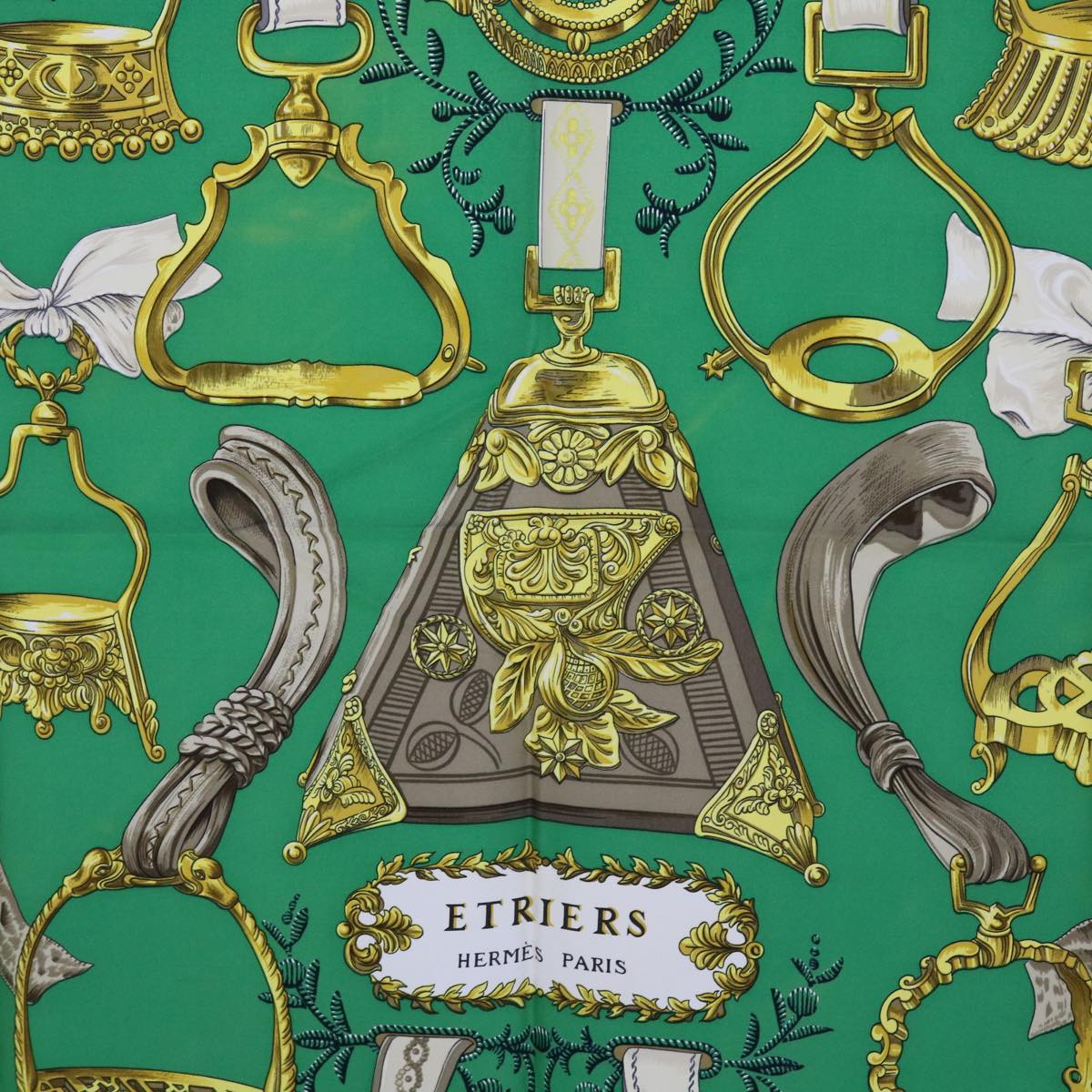 HERMES Carre 90 ETRIERS Scarf Silk Green Auth 56089