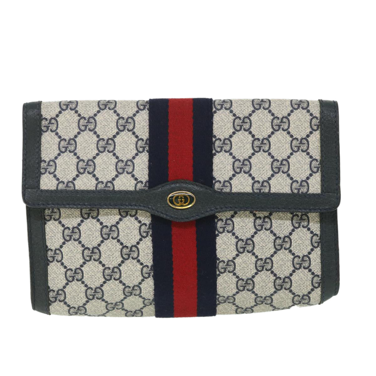 GUCCI GG Supreme Sherry Line Clutch Bag Red Navy gray 89 01 006 Auth 56186