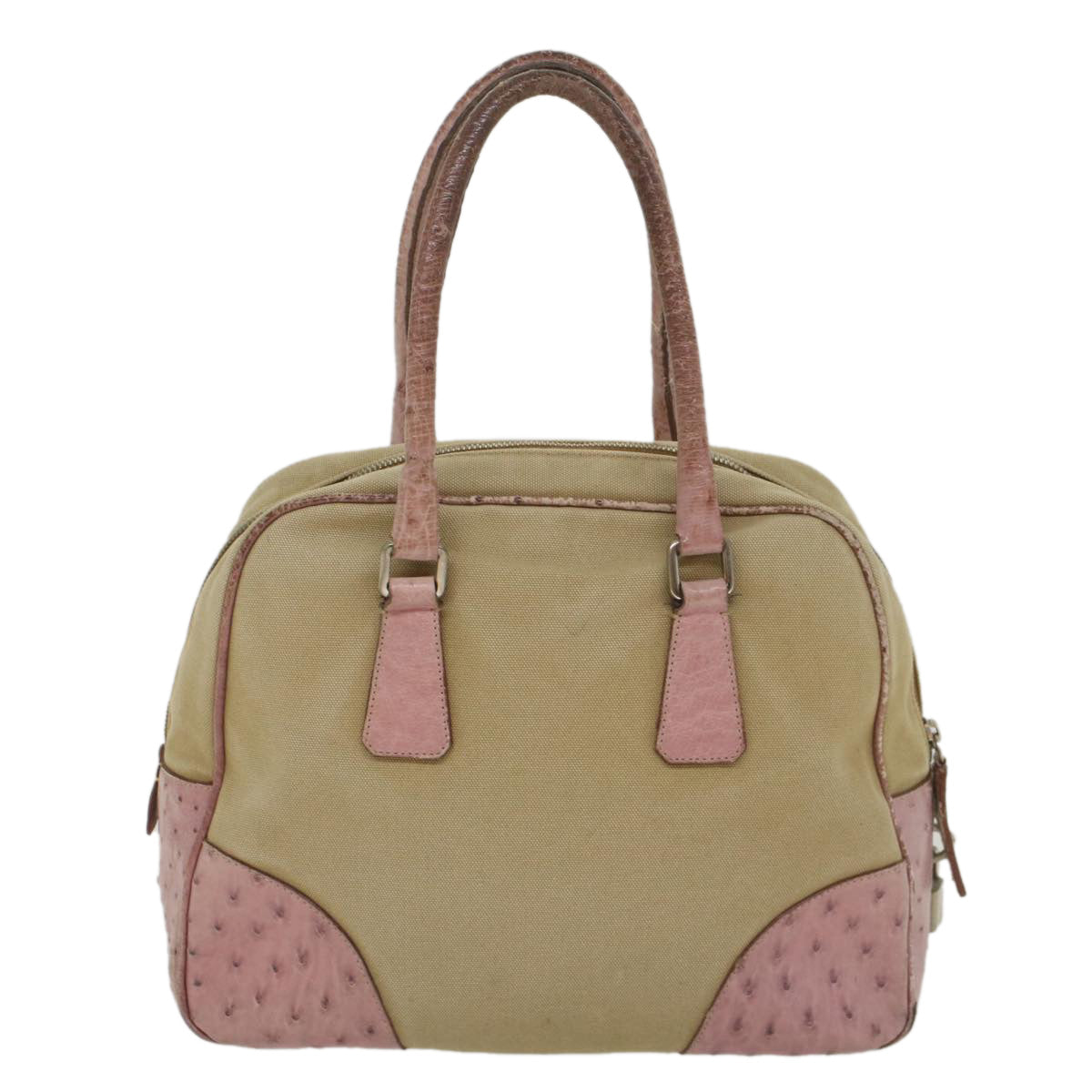 PRADA Hand Bag Canvas Leather Beige Pink Auth 56274 - 0