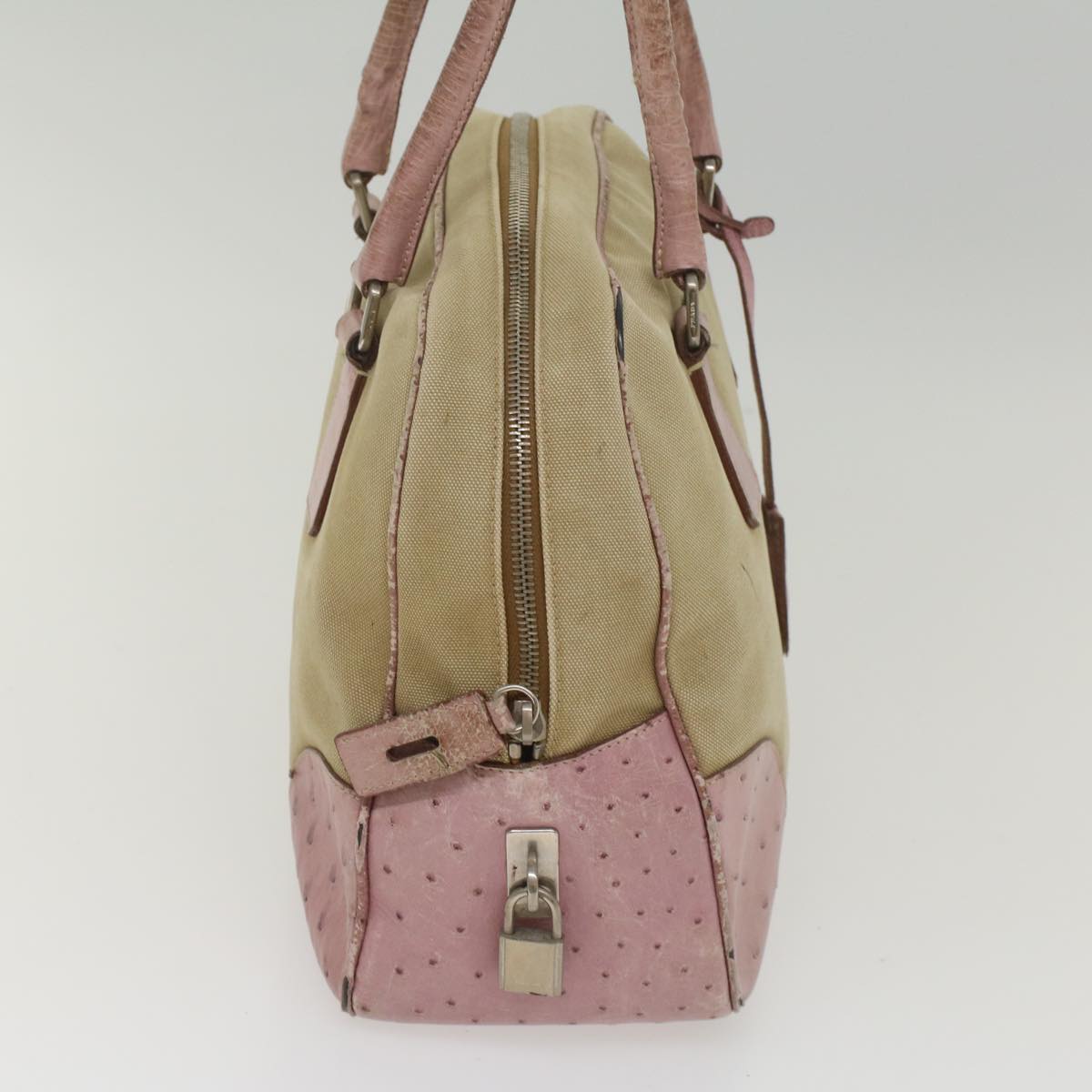 PRADA Hand Bag Canvas Leather Beige Pink Auth 56274