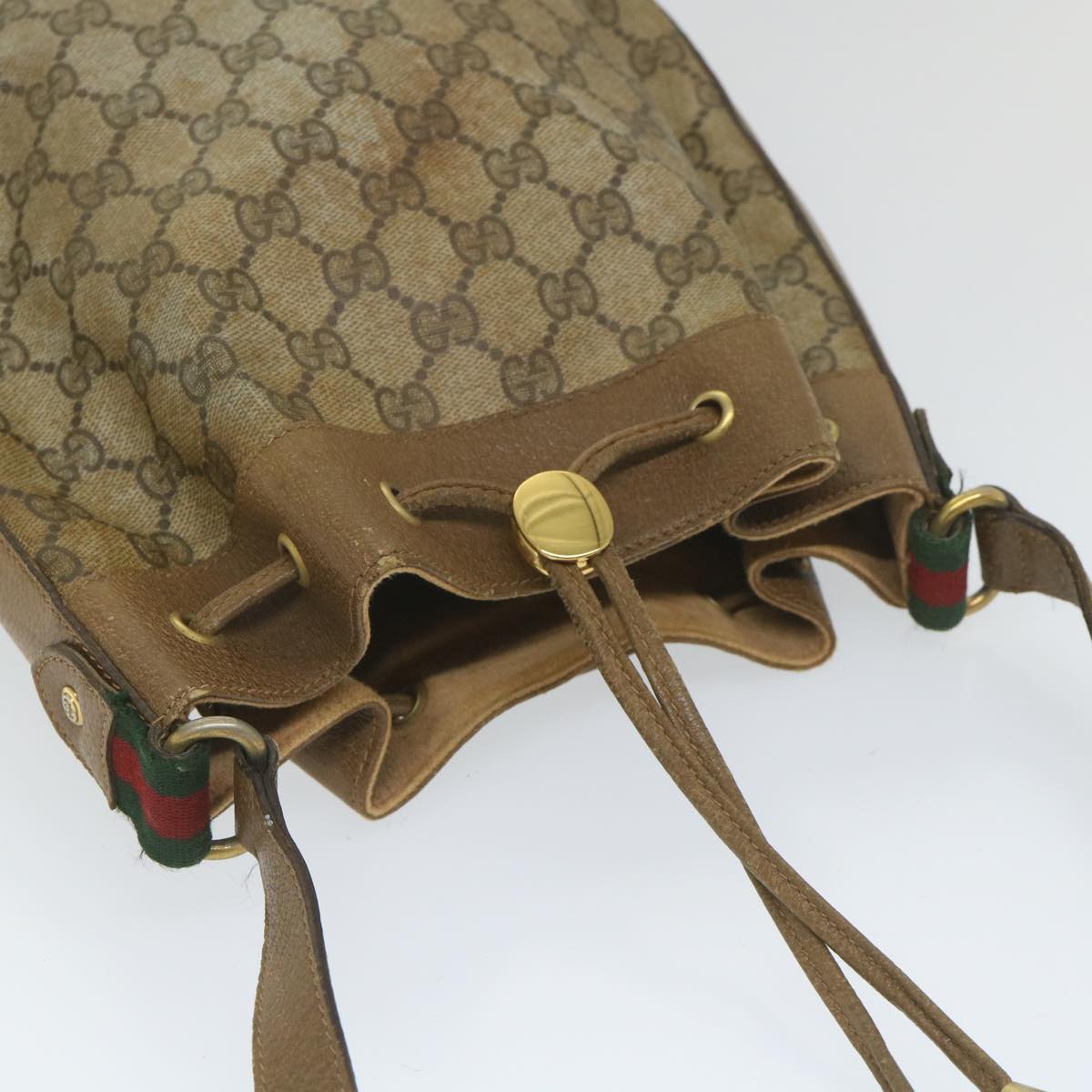 GUCCI GG Canvas Web Sherry Line Shoulder Bag PVC Leather Beige Green Auth 56288