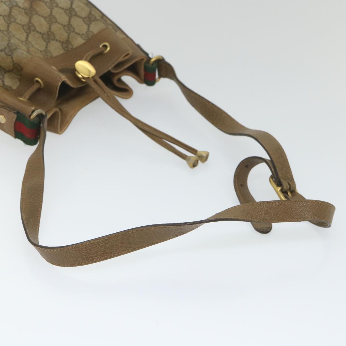 GUCCI GG Canvas Web Sherry Line Shoulder Bag PVC Leather Beige Green Auth 56288