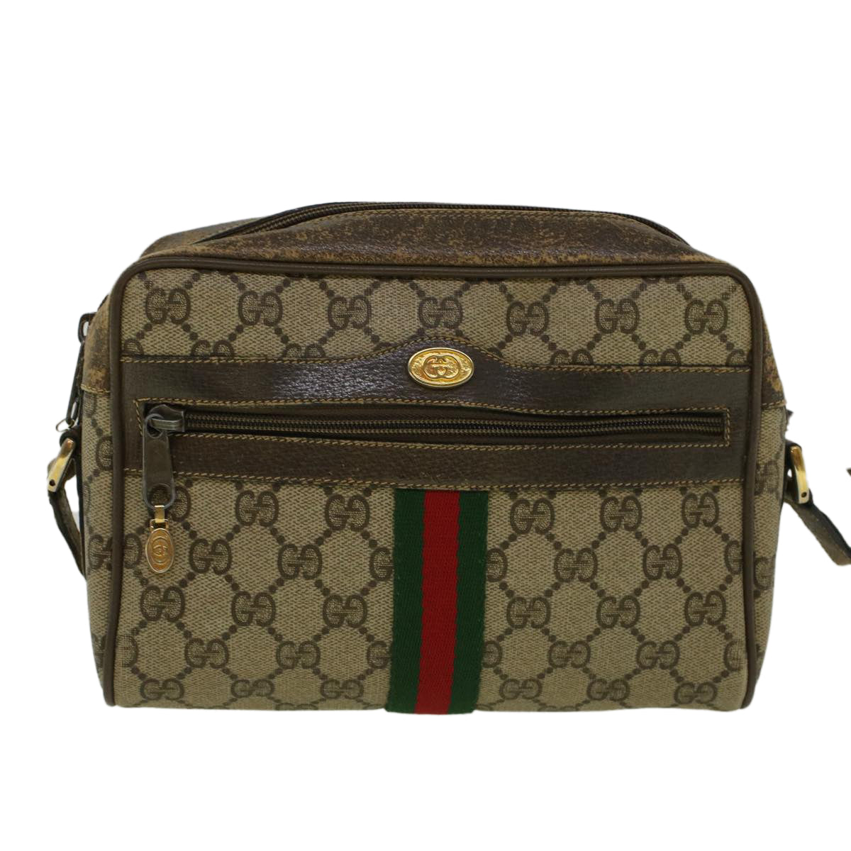 GUCCI GG Canvas Web Sherry Line Shoulder Bag PVC Leather Beige Green Auth 56454 - 0