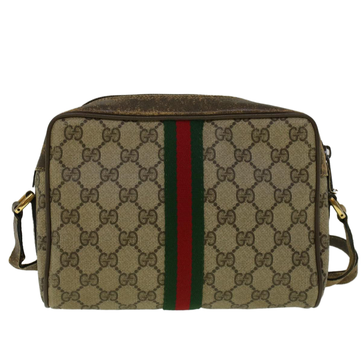 GUCCI GG Canvas Web Sherry Line Shoulder Bag PVC Leather Beige Green Auth 56454