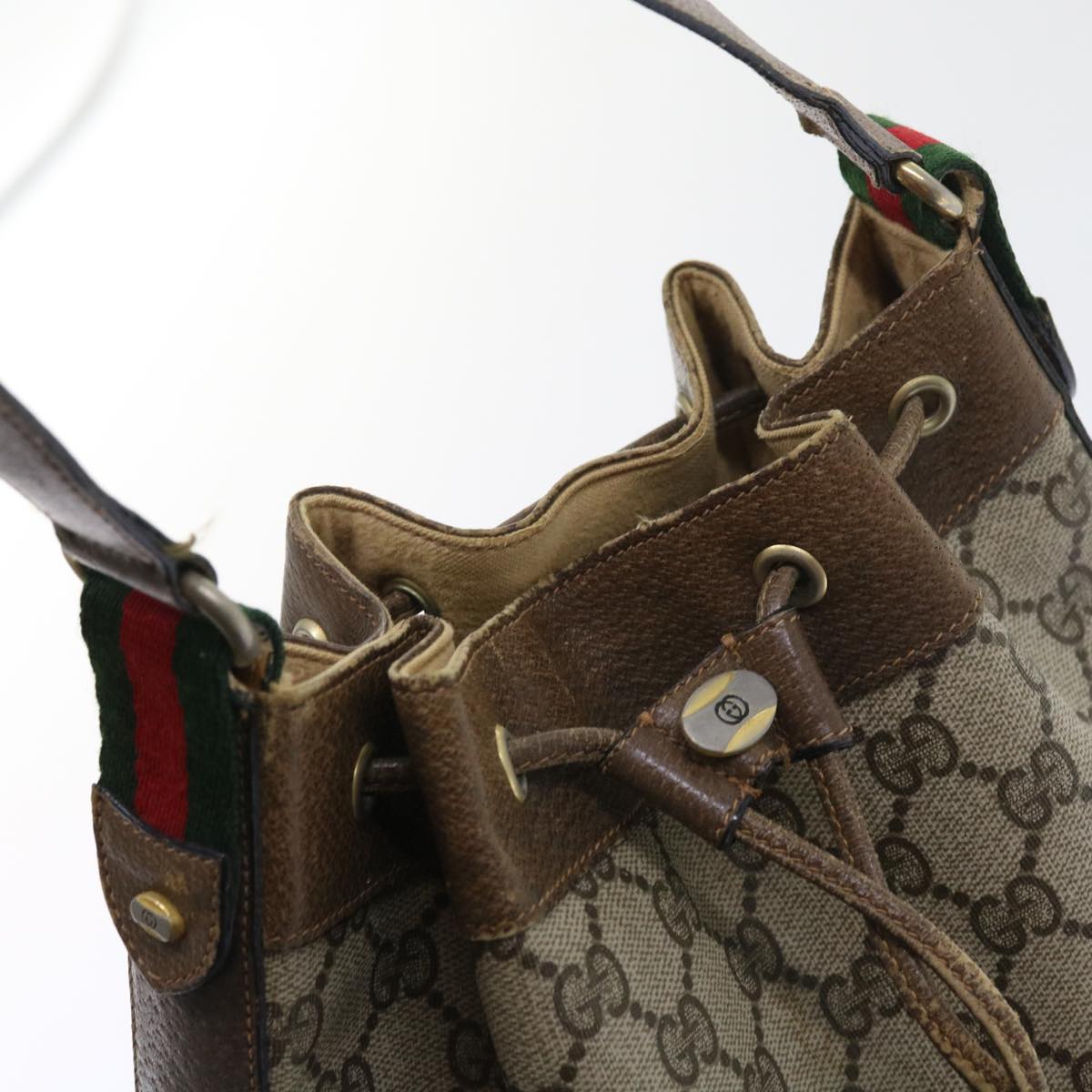 GUCCI GG Canvas Web Sherry Line Shoulder Bag PVC Leather Beige Green Auth 56564