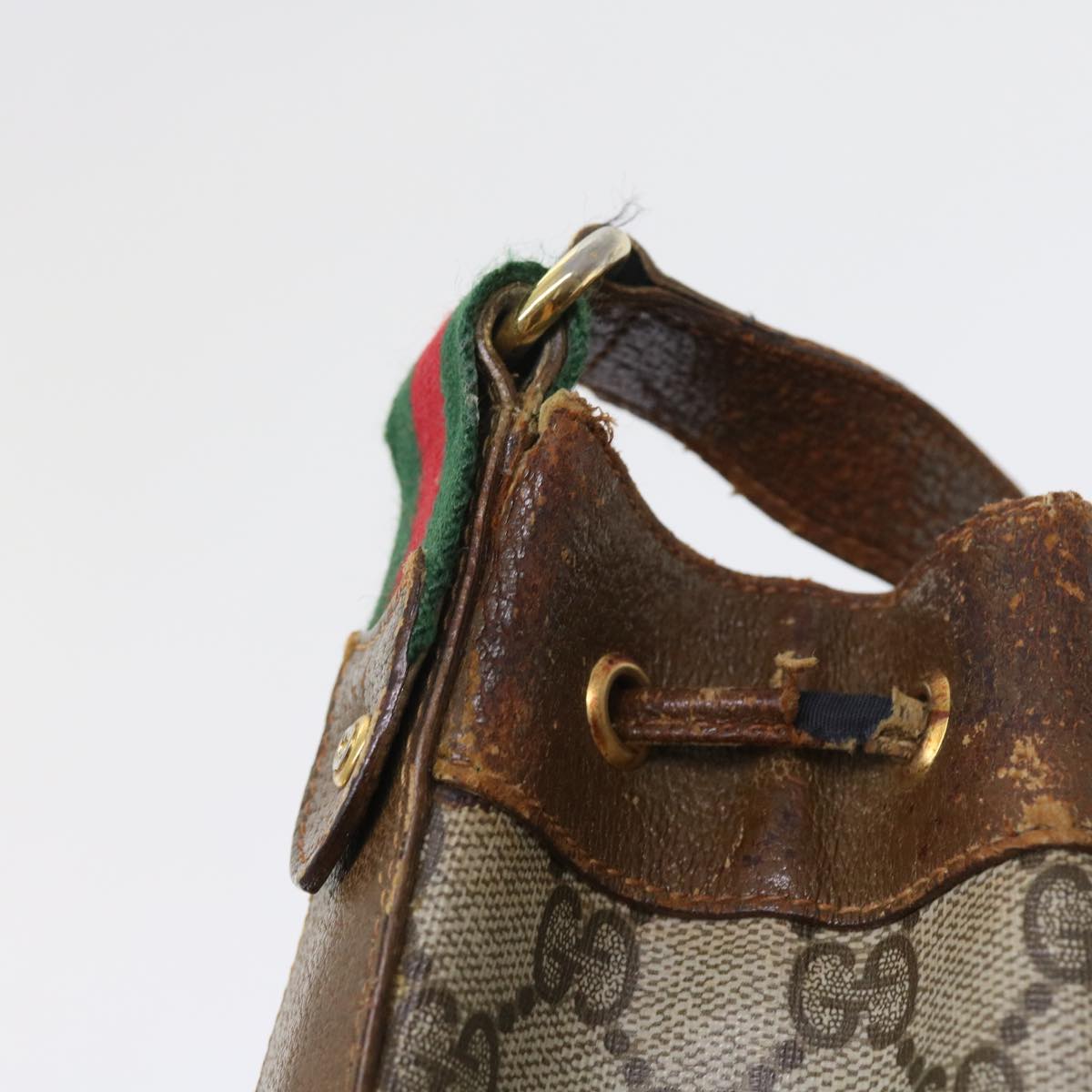 GUCCI GG Canvas Web Sherry Line Shoulder Bag PVC Leather Beige Green Auth 56565