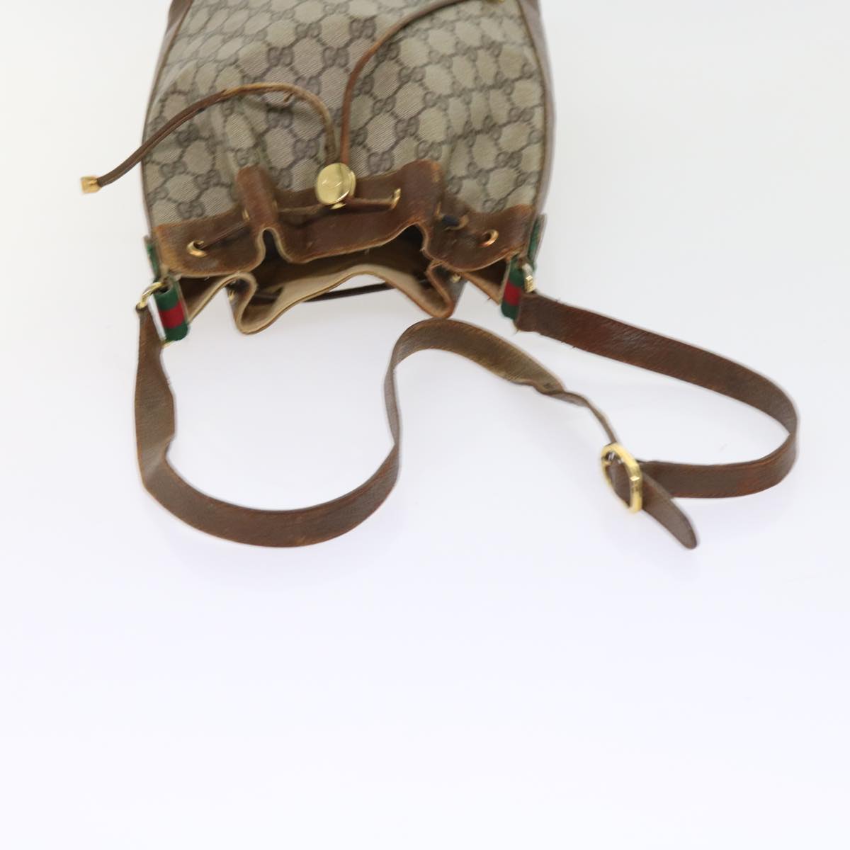 GUCCI GG Canvas Web Sherry Line Shoulder Bag PVC Leather Beige Green Auth 56565