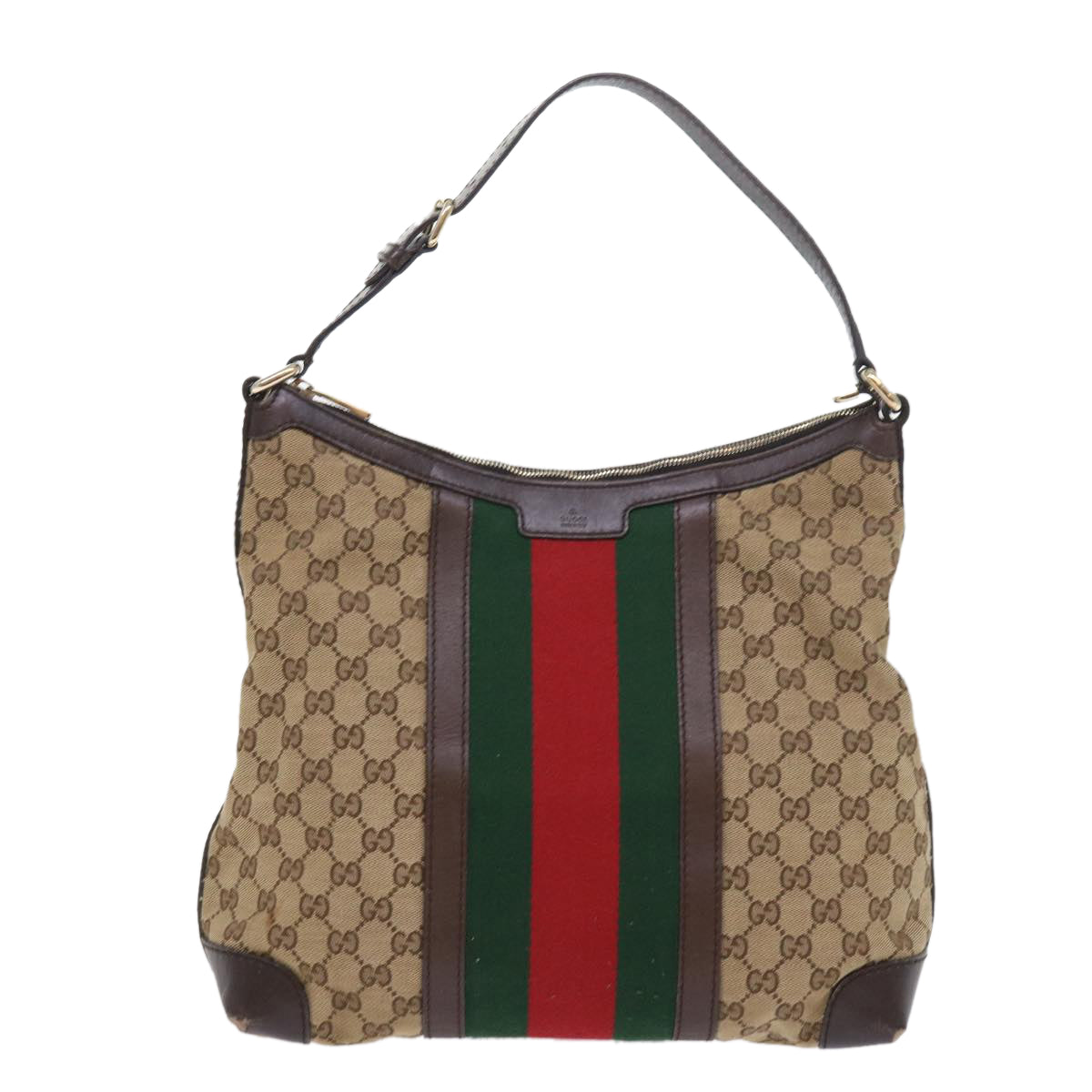 GUCCI GG Canvas Web Sherry Line Shoulder Bag Beige Green Red 257084 Auth 56567