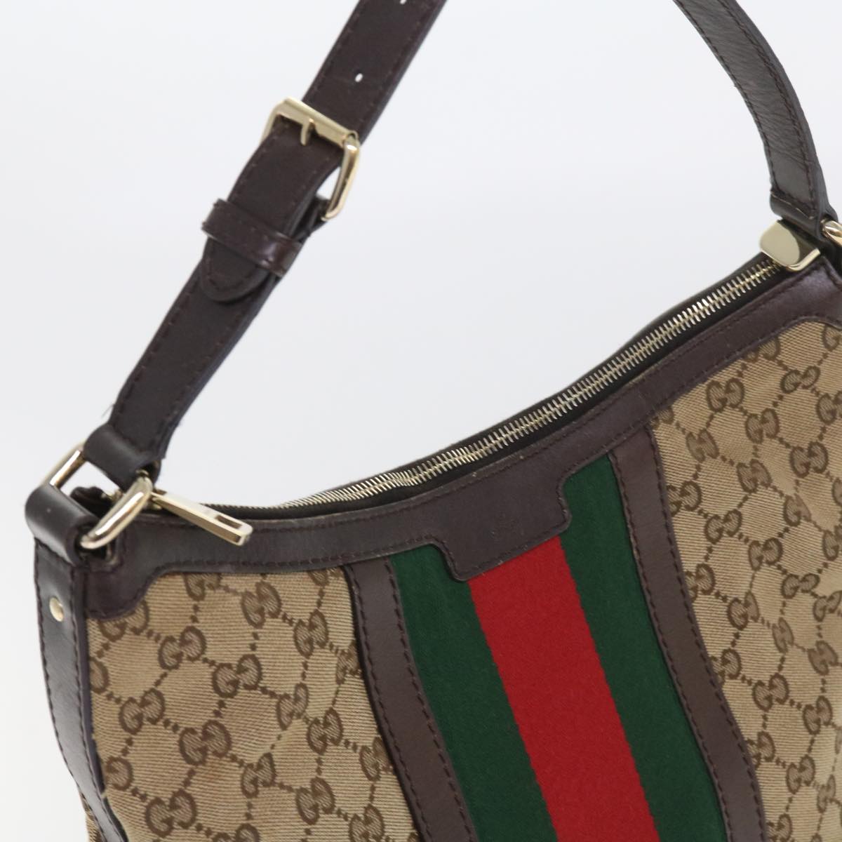 GUCCI GG Canvas Web Sherry Line Shoulder Bag Beige Green Red 257084 Auth 56567