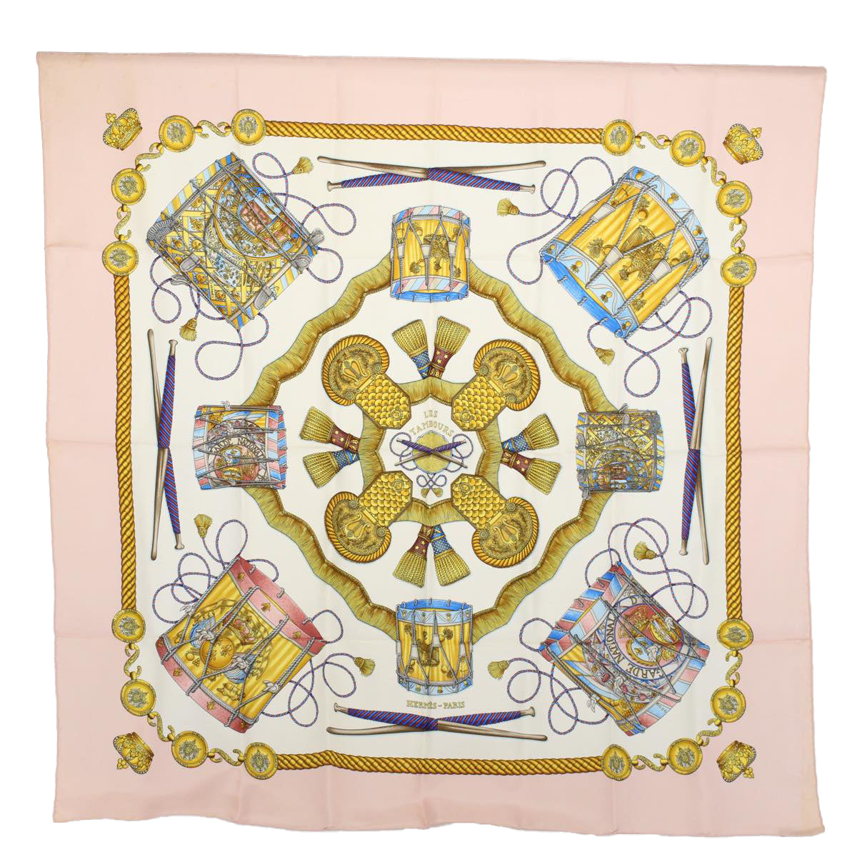 HERMES Carre 90 LES TAMBOURS Scarf Silk Pink White Auth 56604
