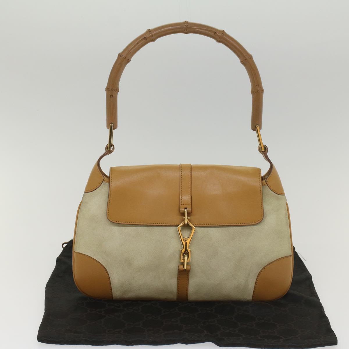 GUCCI Bamboo Jackie Shoulder Bag Suede Leather Beige 001 4096 1669 Auth 56659