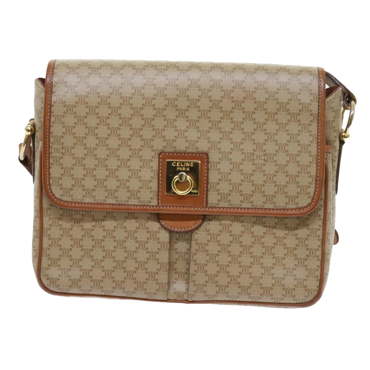 CELINE Macadam Canvas Shoulder Bag Beige Auth 56679