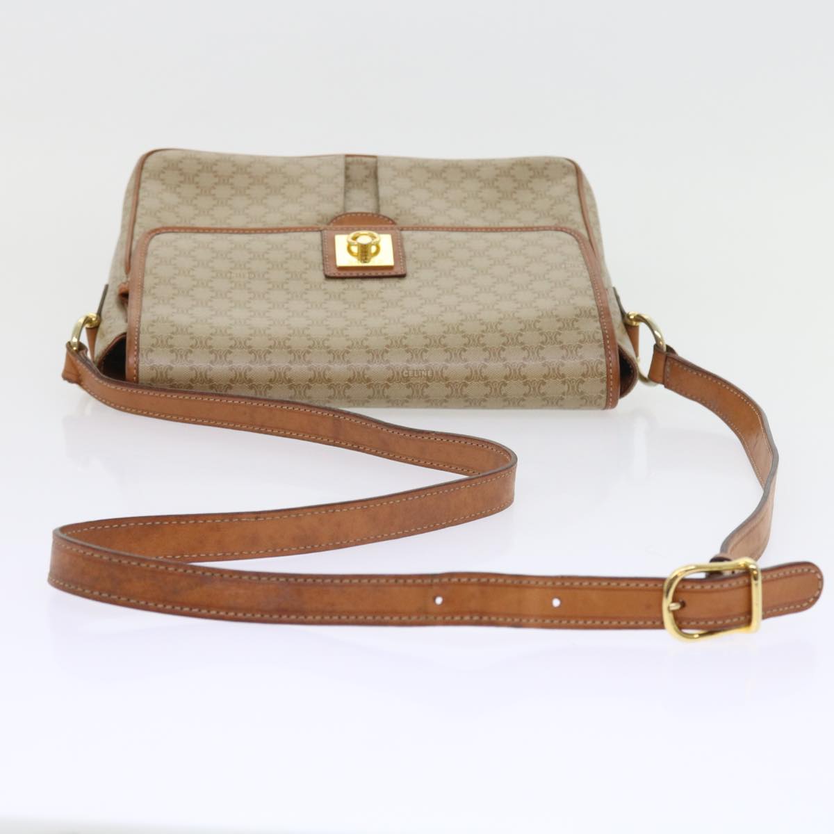 CELINE Macadam Canvas Shoulder Bag Beige Auth 56679