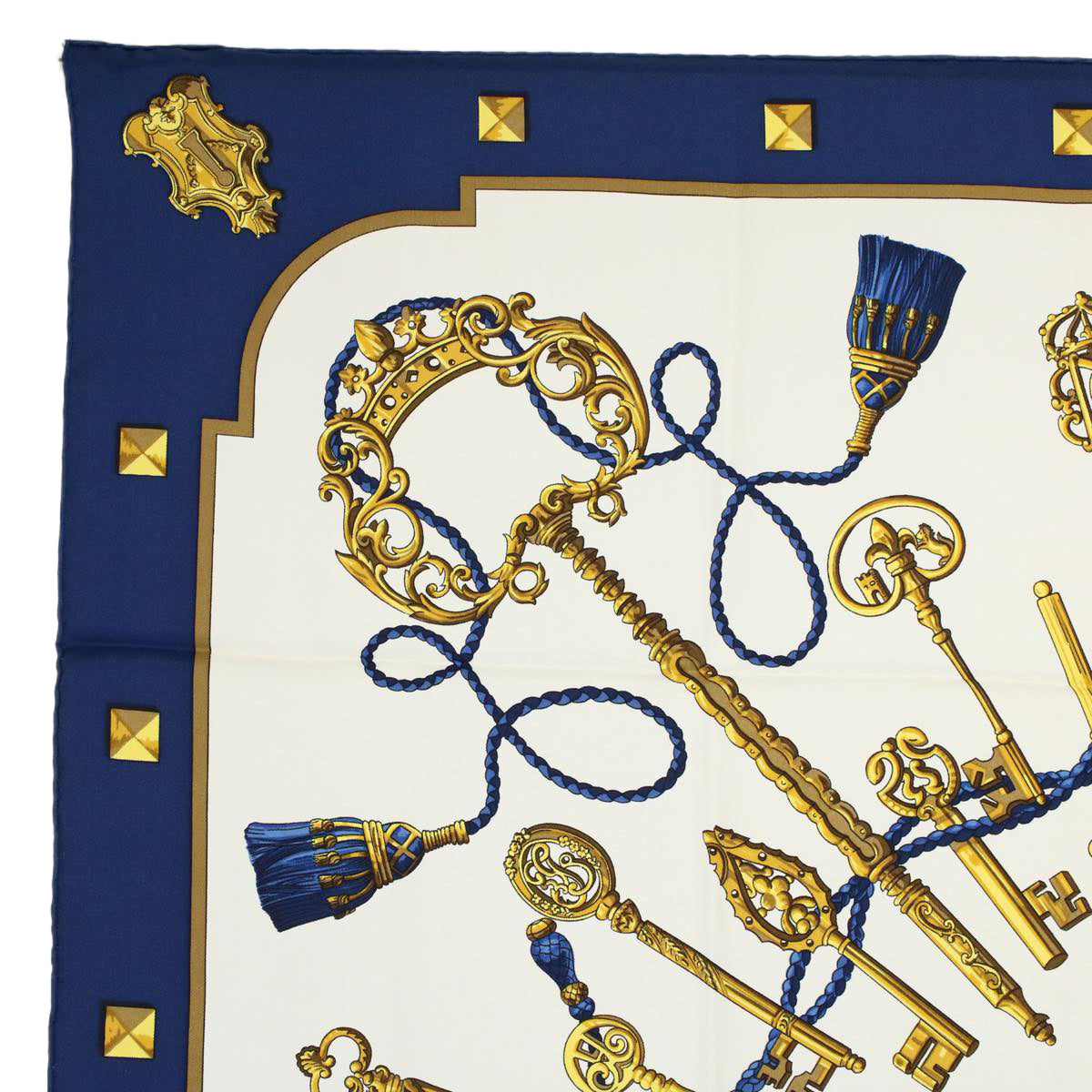 HERMES Carre 90 LES CLES Scarf Silk Navy White Auth 56698 - 0