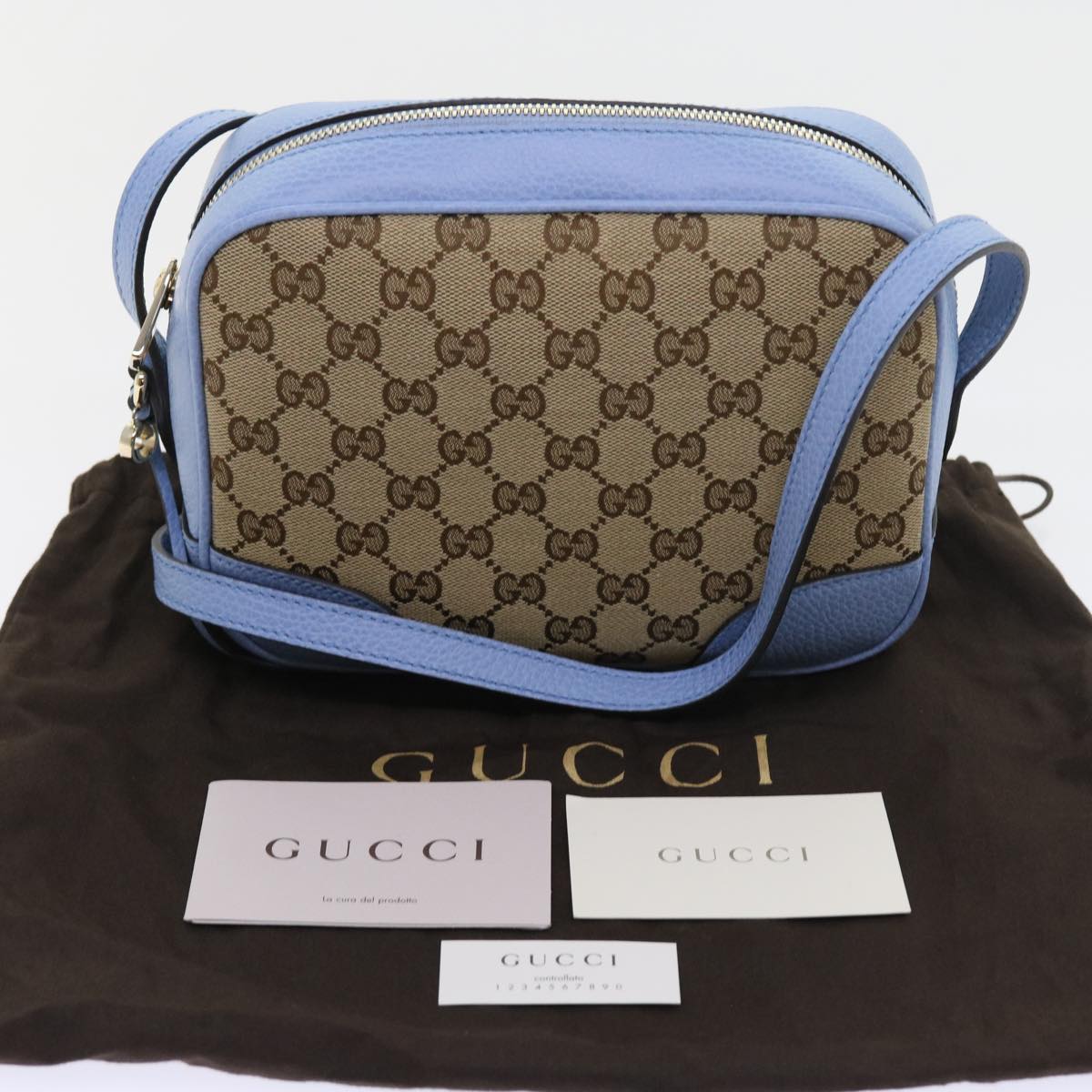 GUCCI GG Canvas Shoulder Bag Beige Light Blue 449413 Auth 56705A