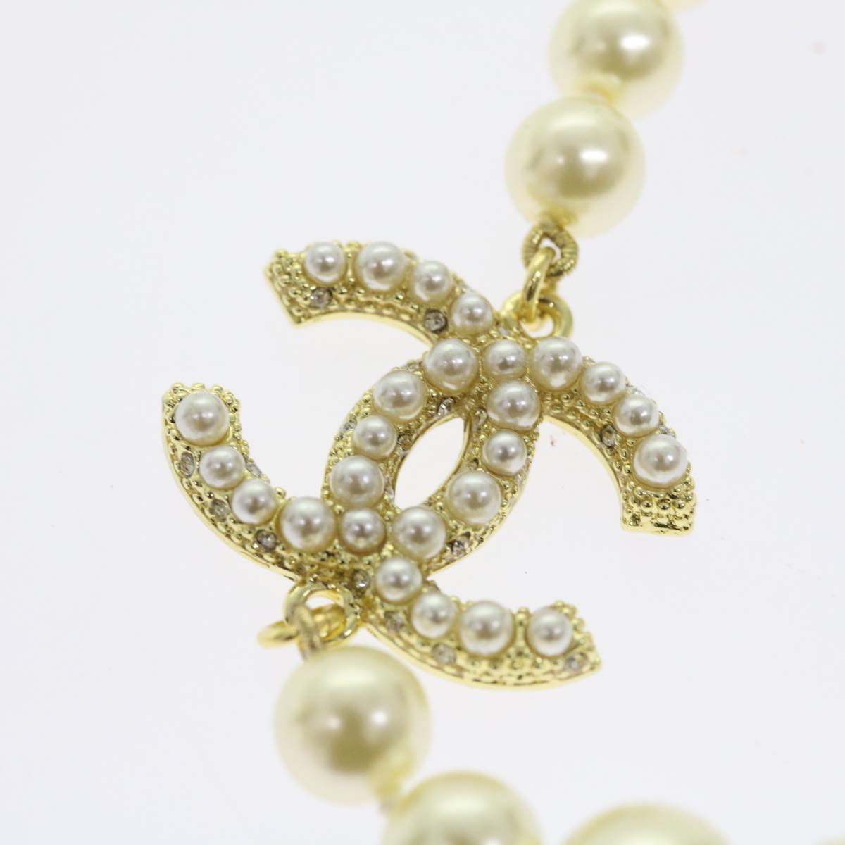 CHANEL Pearl Necklace Metal White Gold Tone CC Auth 56729A
