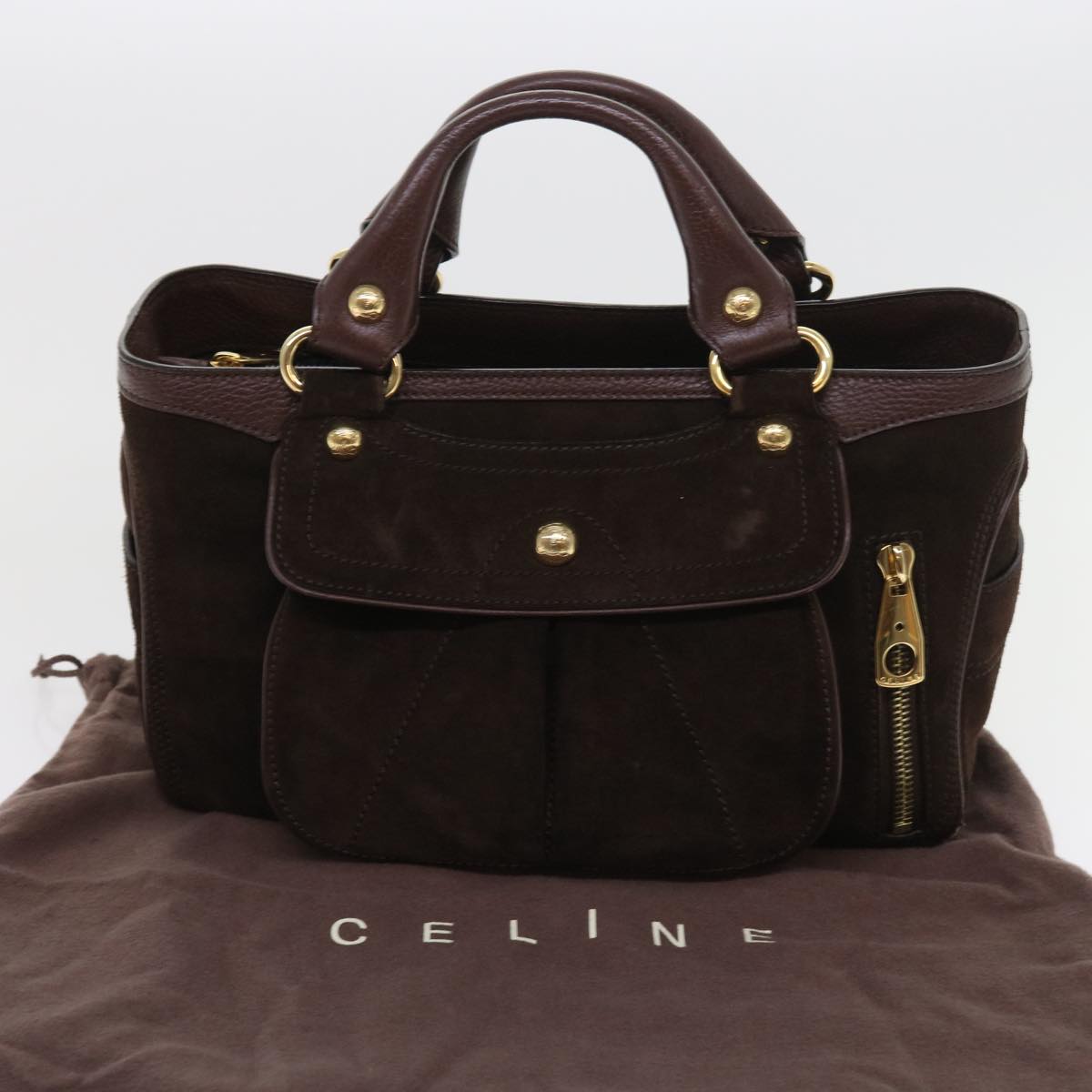 CELINE Hand Bag Suede Leather Brown Auth 56762