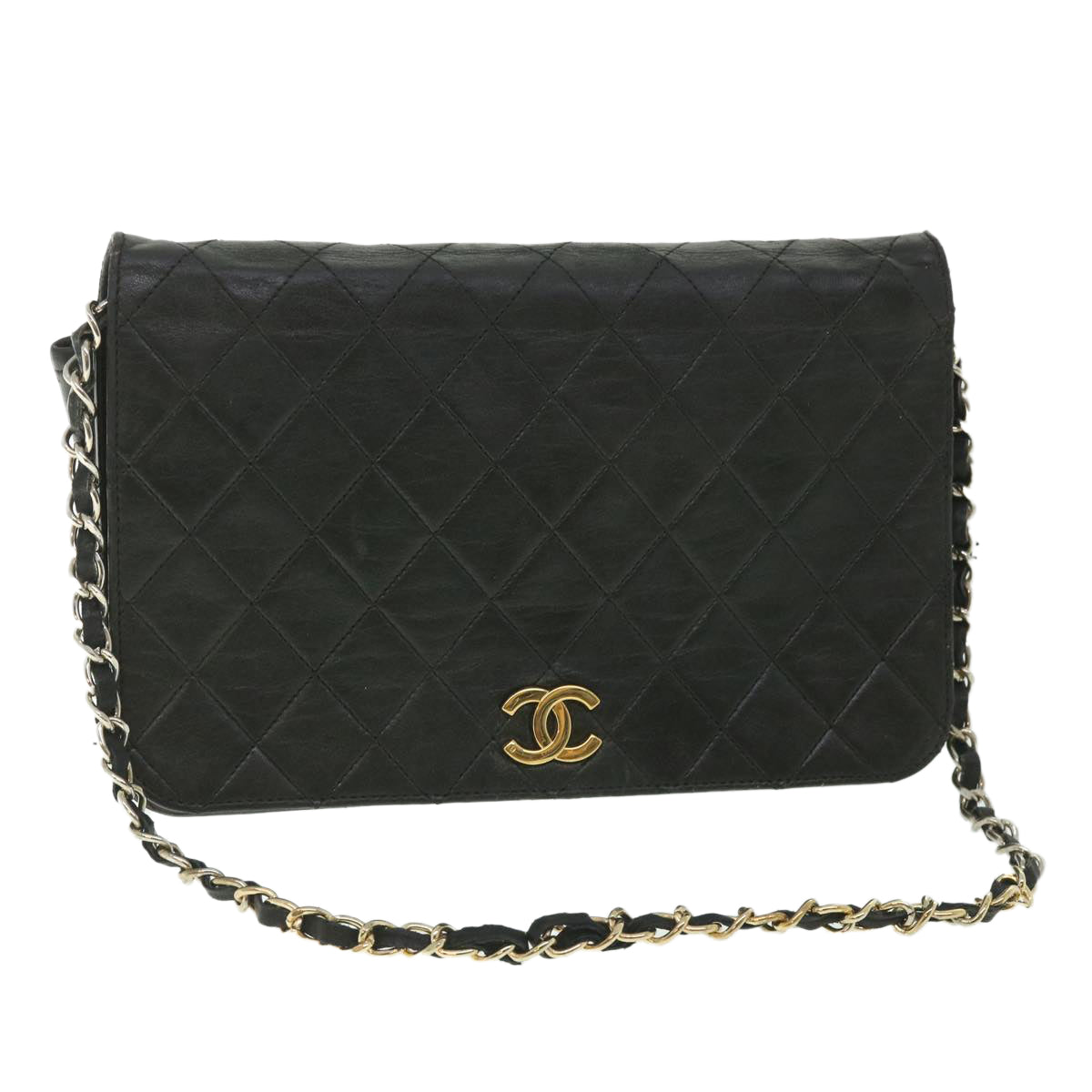 CHANEL Matelasse Chain Shoulder Bag Lamb Skin Black CC Auth 56879