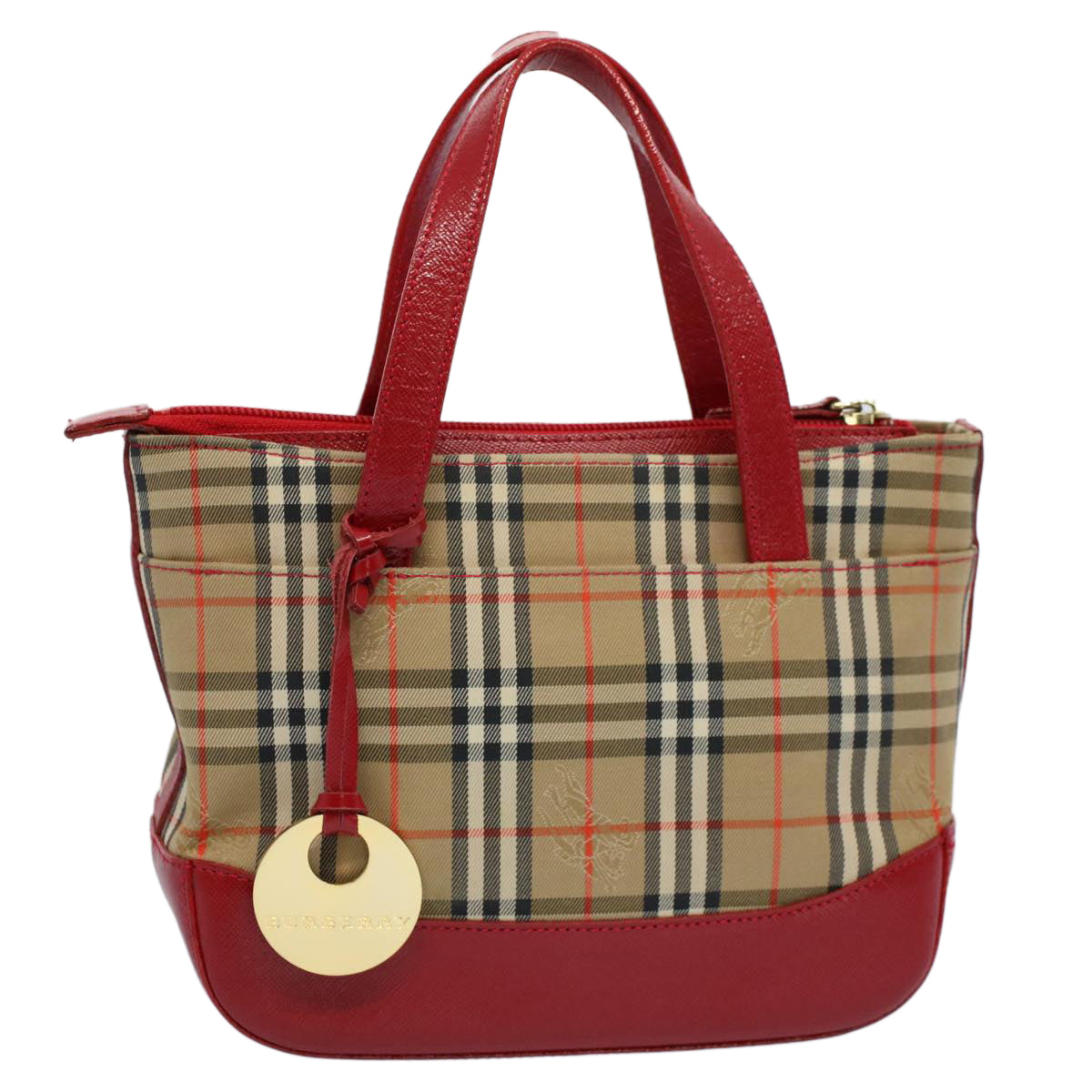 BURBERRY Nova Check Hand Bag Nylon Canvas Beige Red Auth 56928