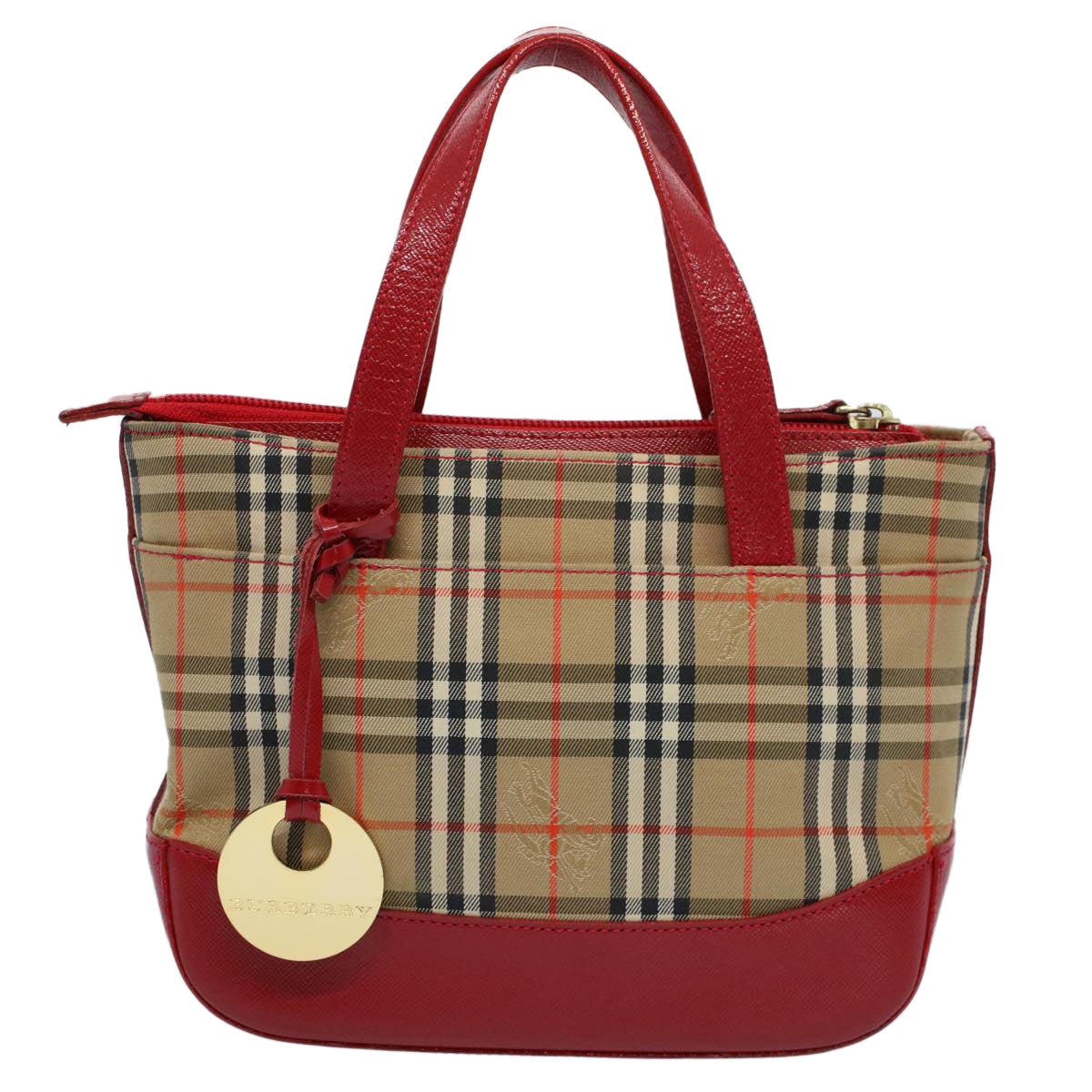 BURBERRY Nova Check Hand Bag Nylon Canvas Beige Red Auth 56928