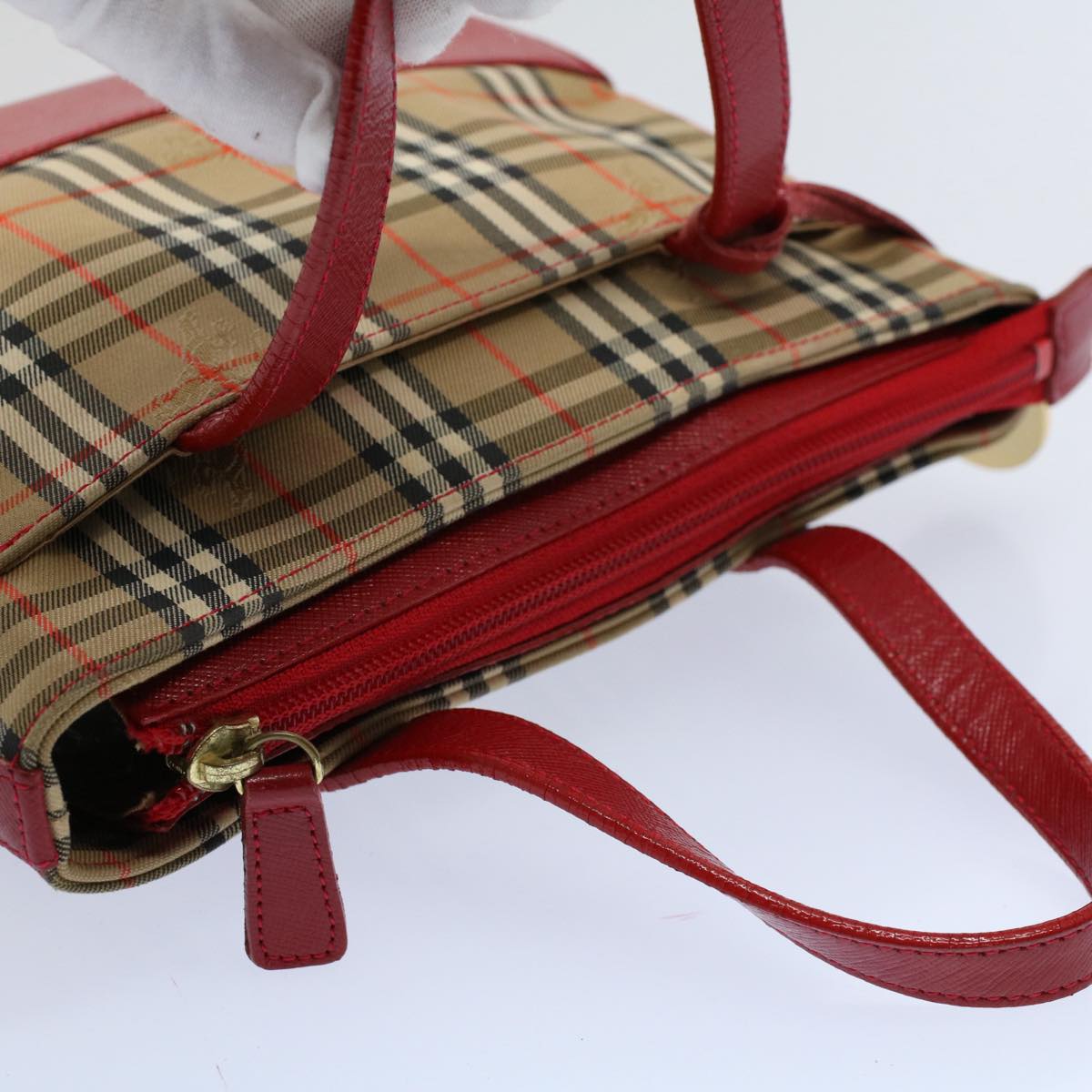 BURBERRY Nova Check Hand Bag Nylon Canvas Beige Red Auth 56928