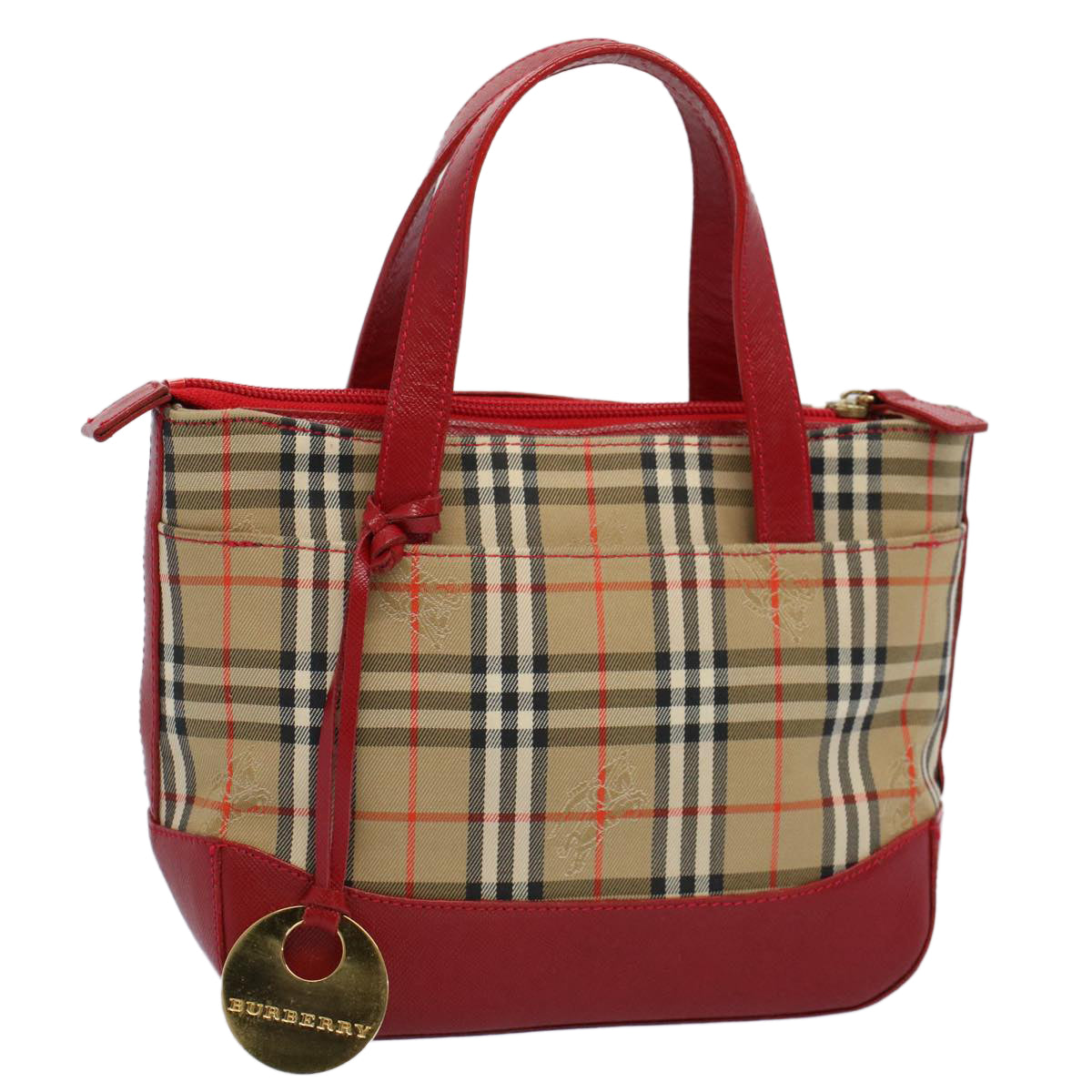 BURBERRY Nova Check Hand Bag Nylon Canvas Beige Red Auth 56962