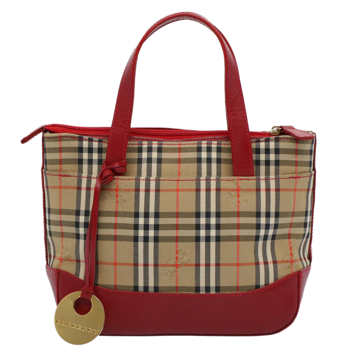 BURBERRY Nova Check Hand Bag Nylon Canvas Beige Red Auth 56962