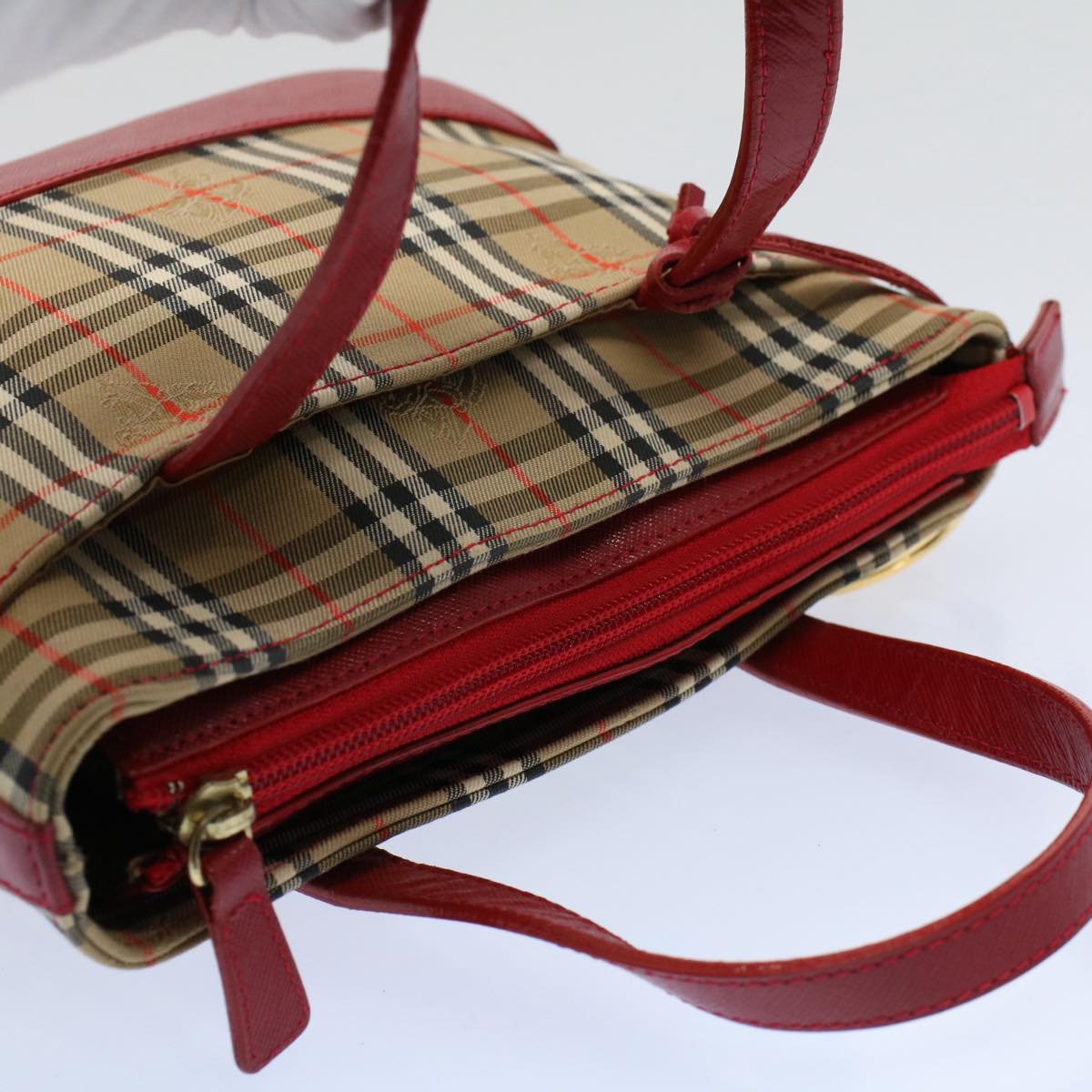 BURBERRY Nova Check Hand Bag Nylon Canvas Beige Red Auth 56962