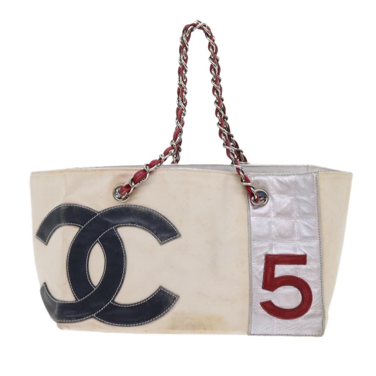 CHANEL Chain Shoulder Bag No5 Canvas White Black CC Auth 57035