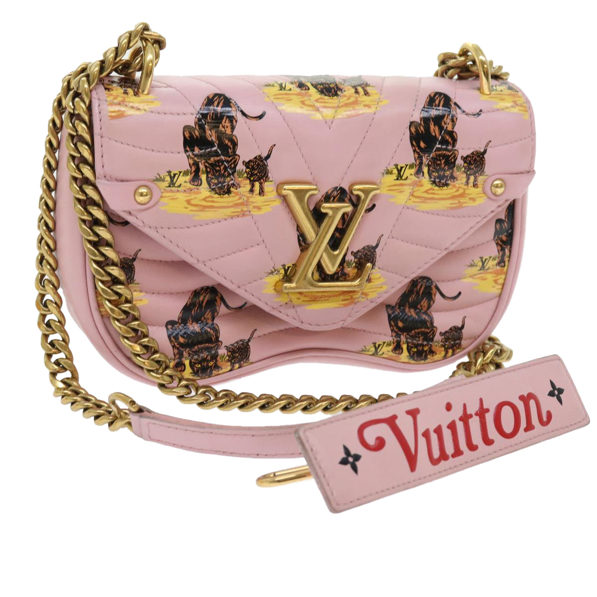 LOUIS VUITTON New Wave Chain Bag PM Shoulder Bag Leather Pink LV Auth 57041A