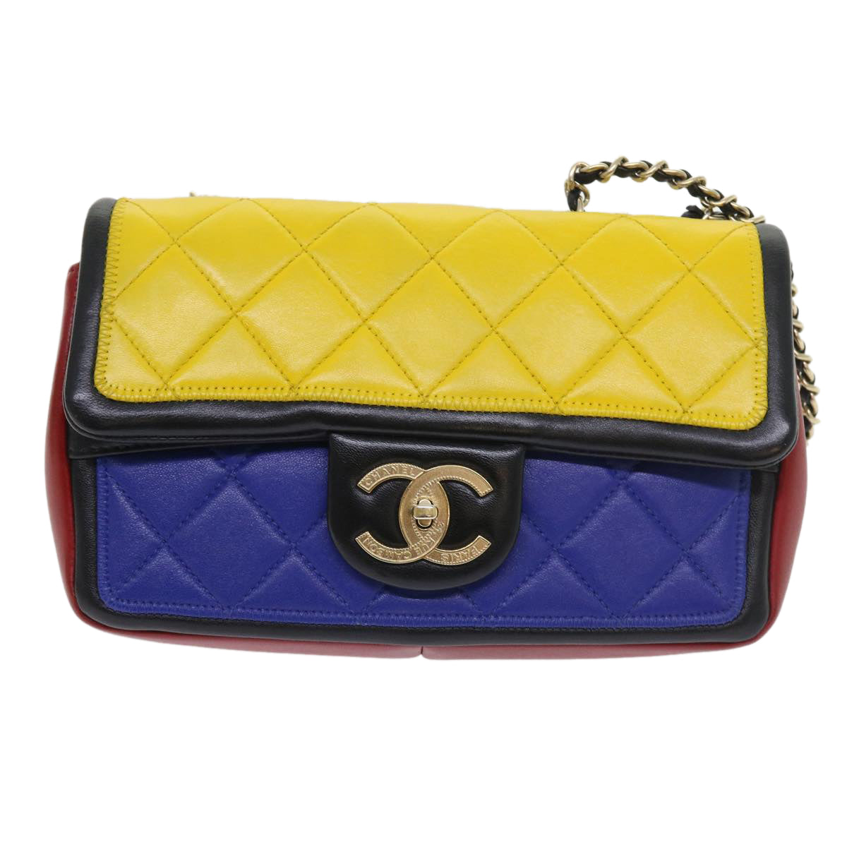 CHANEL Matelasse Chain Shoulder Bag Leather Yellow Purple Red CC Auth 57069A