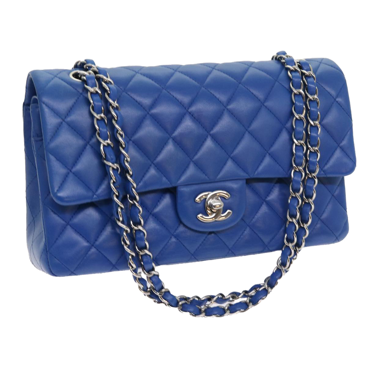 CHANEL Matelasse Chain Shoulder Bag Lamb Skin Blue CC Auth 57070A