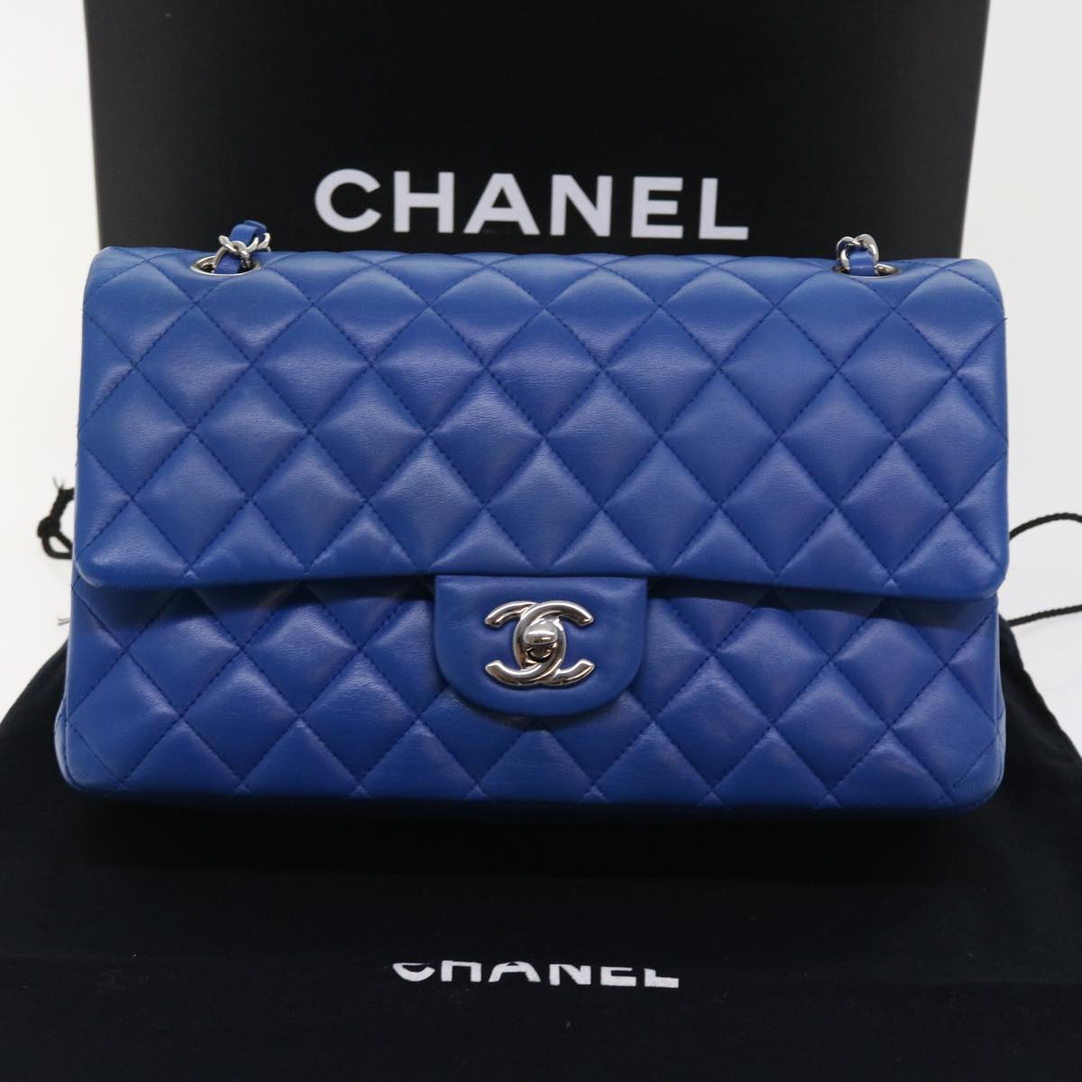 CHANEL Matelasse Chain Shoulder Bag Lamb Skin Blue CC Auth 57070A