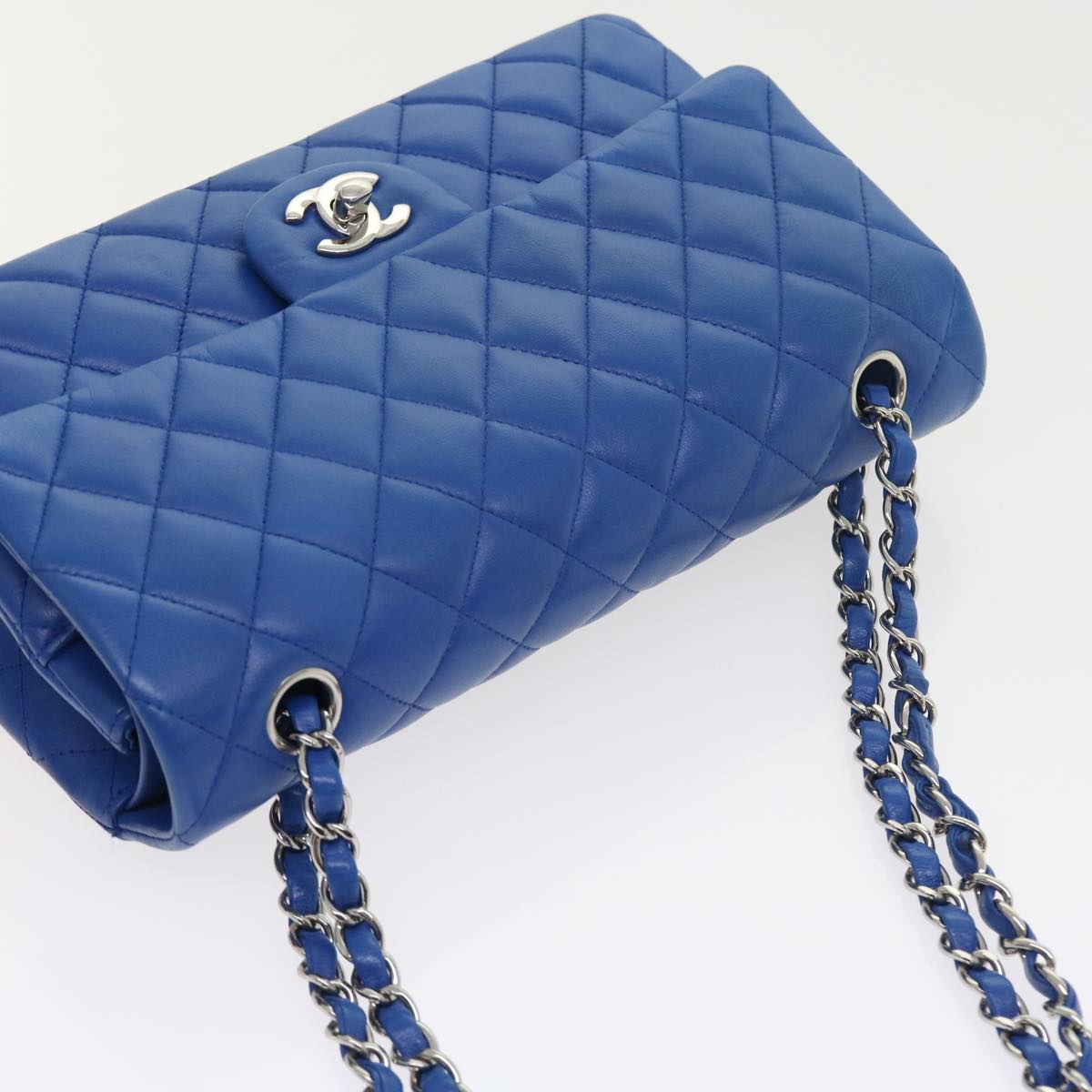 CHANEL Matelasse Chain Shoulder Bag Lamb Skin Blue CC Auth 57070A