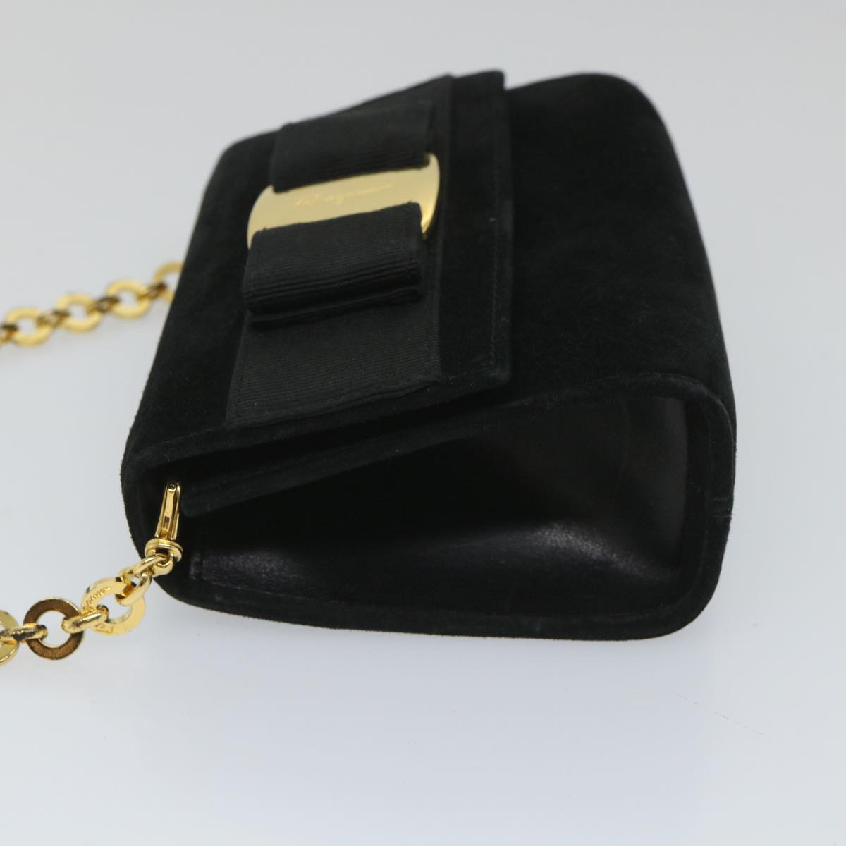 Salvatore Ferragamo Chain Shoulder Bag Suede Black Auth 57207
