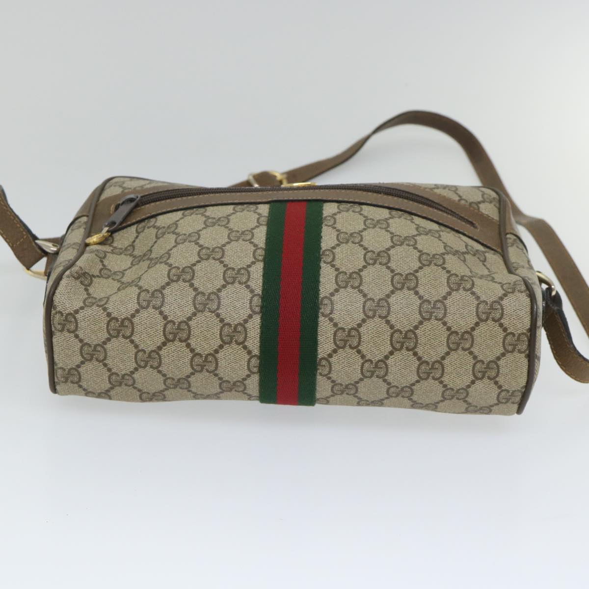 GUCCI GG Canvas Web Sherry Line Shoulder Bag PVC Leather Beige Green Auth 57258