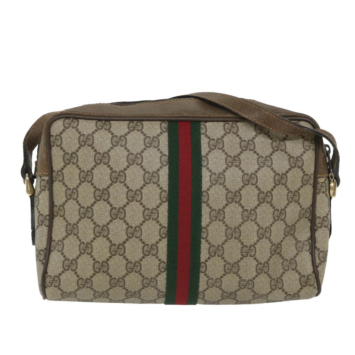 GUCCI GG Canvas Web Sherry Line Shoulder Bag PVC Leather Beige Green Auth 57258