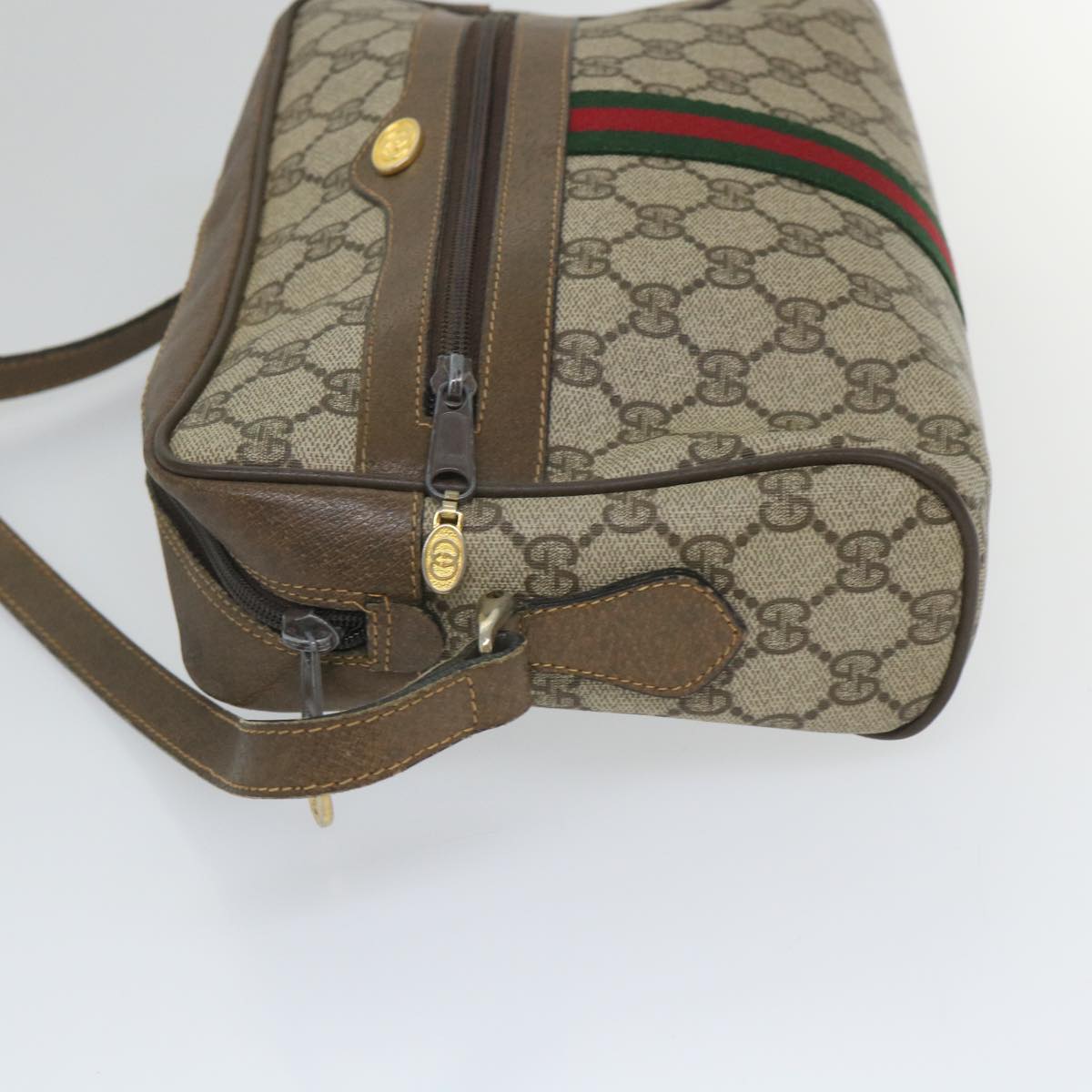 GUCCI GG Canvas Web Sherry Line Shoulder Bag PVC Leather Beige Green Auth 57258