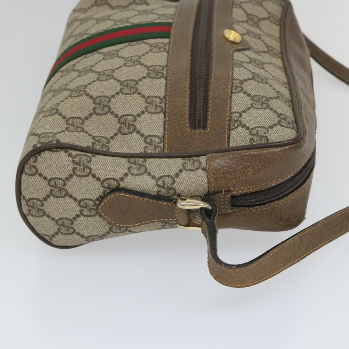 GUCCI GG Canvas Web Sherry Line Shoulder Bag PVC Leather Beige Green Auth 57258